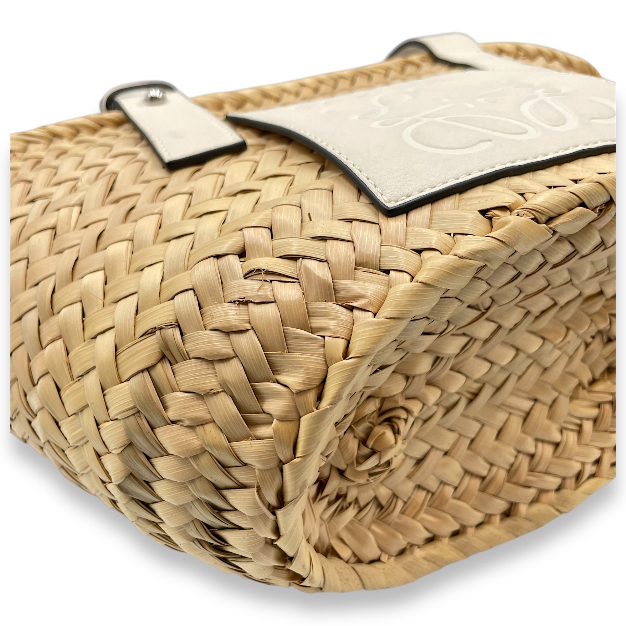 Basket Small White Top Handle Bag in Rattan, Silver hardware