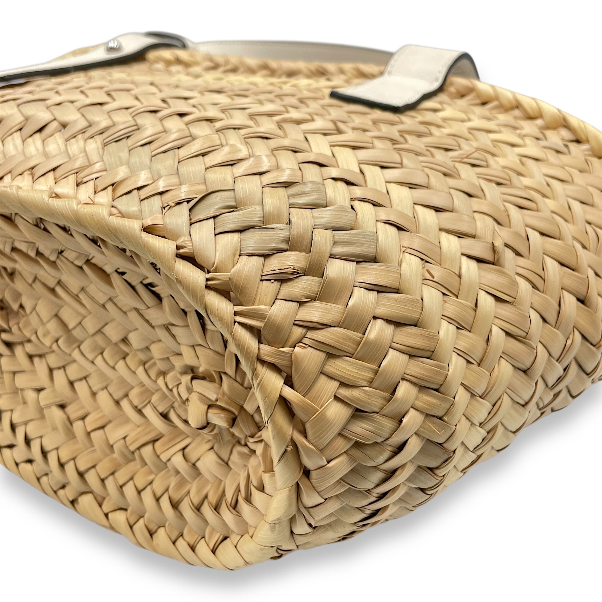 Basket Small White Top Handle Bag in Rattan, Silver hardware
