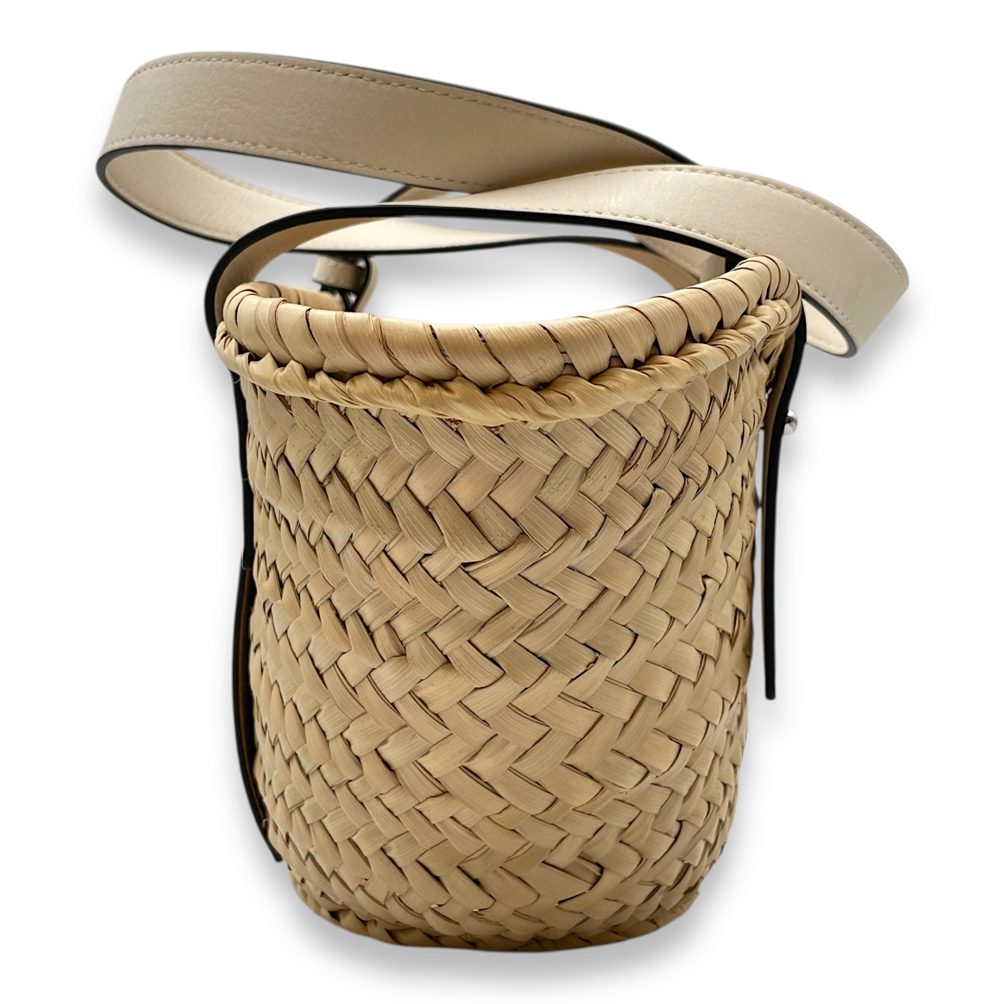 Basket Small White Top Handle Bag in Rattan, Silver hardware