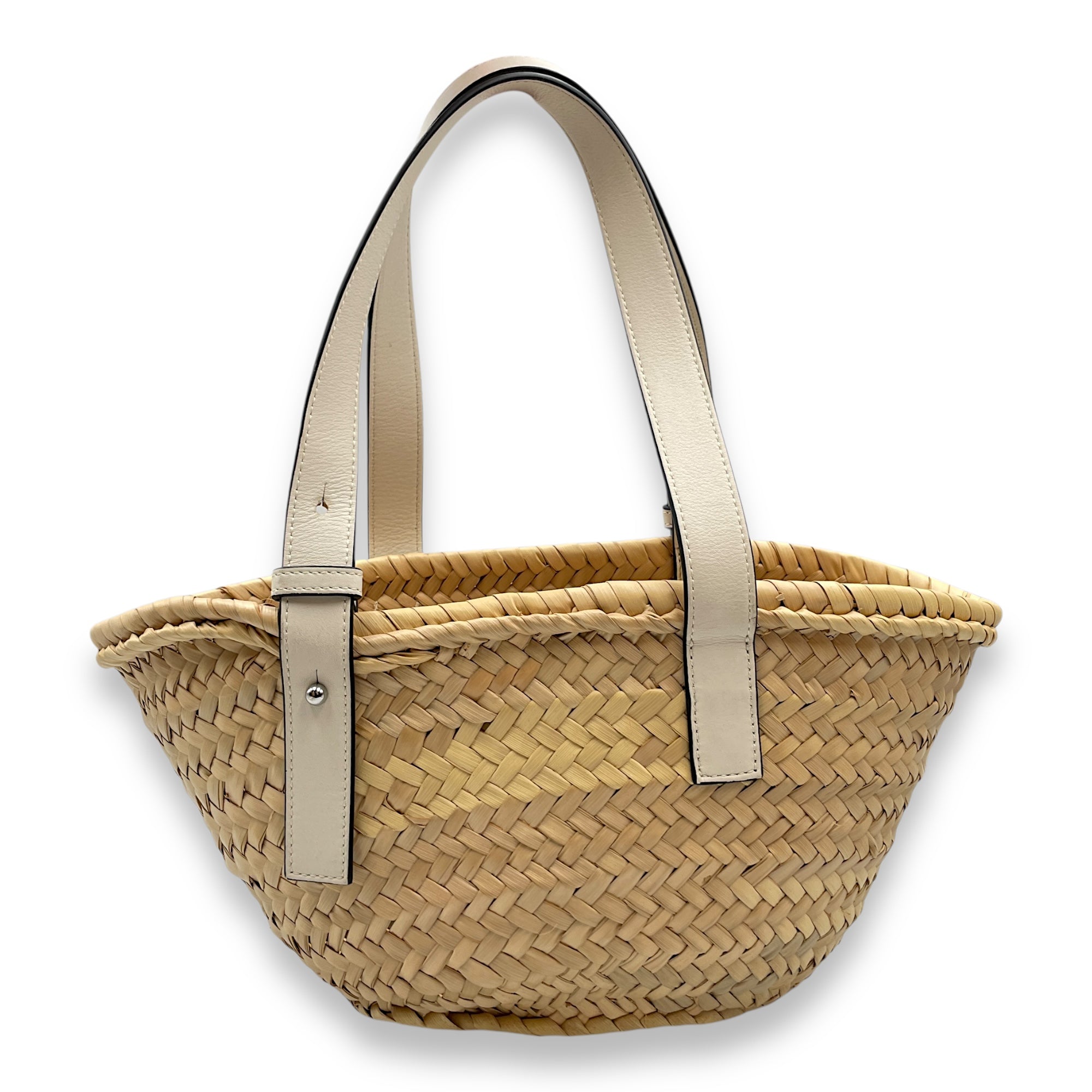 Basket Small White Top Handle Bag in Rattan, Silver hardware