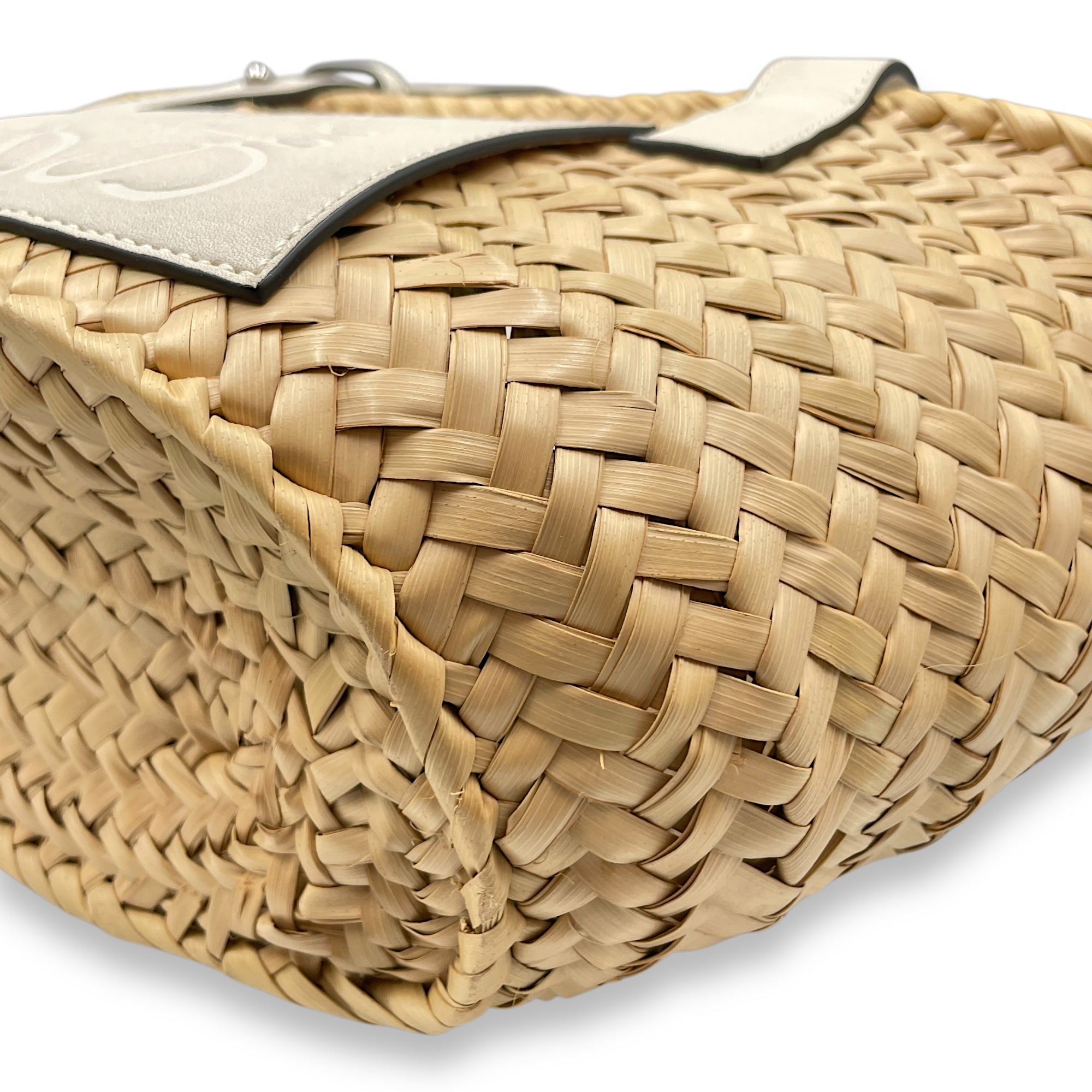 Basket Small White Top Handle Bag in Rattan, Silver hardware