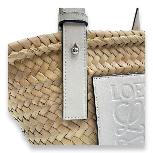 Basket Small White Top Handle Bag in Rattan, Silver hardware