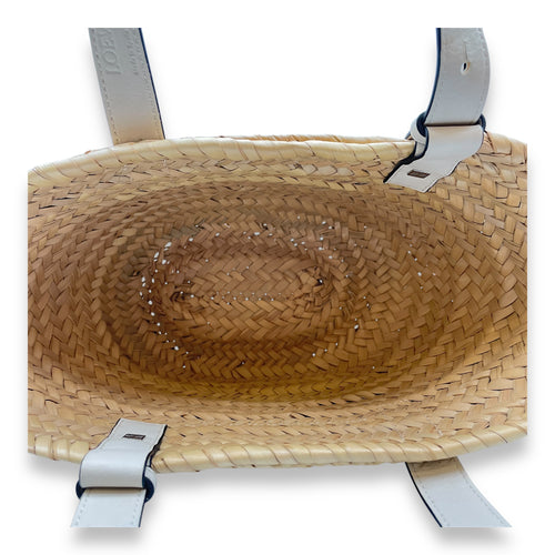 Basket Small White Top Handle Bag in Rattan, Silver hardware