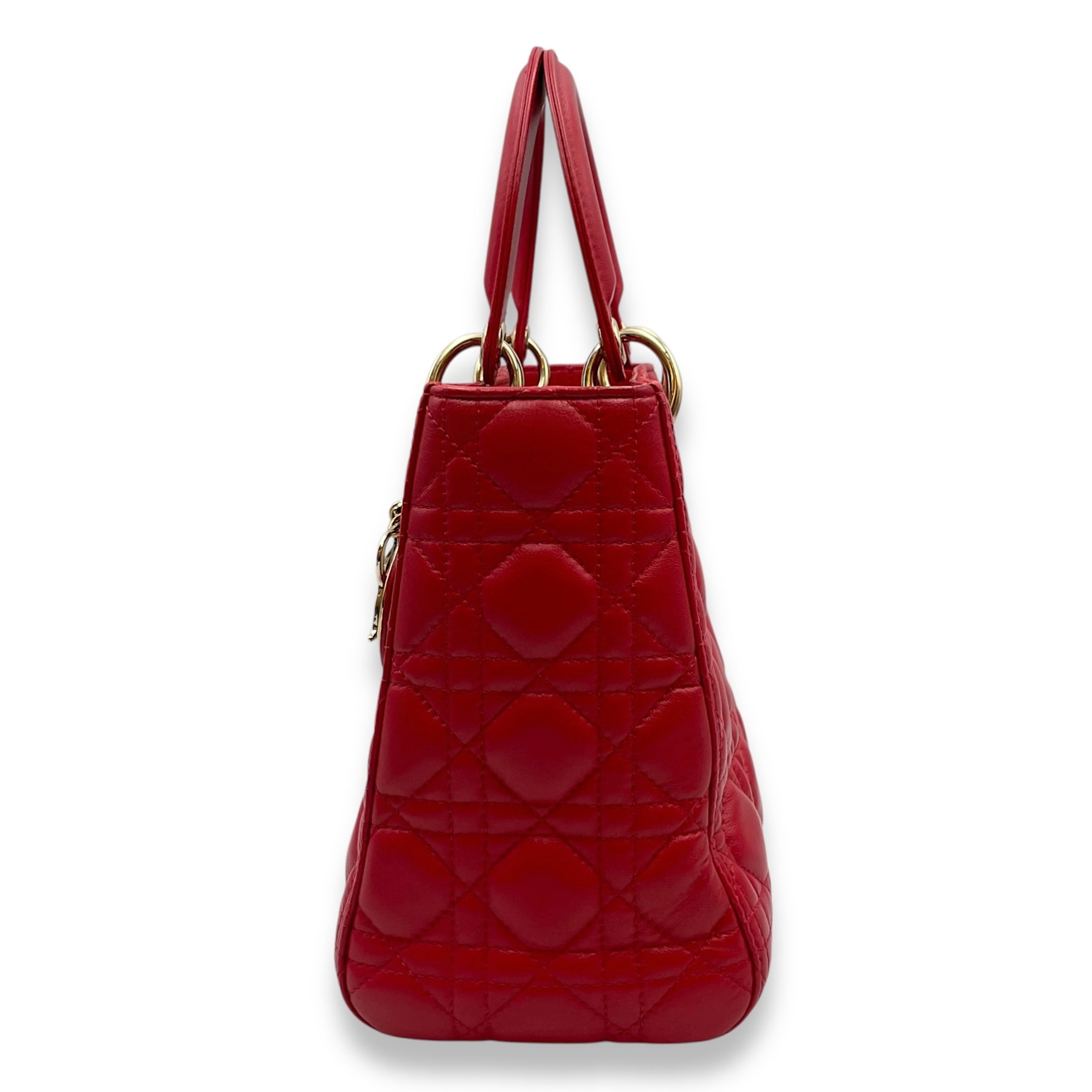 Lady Dior Medium Lambskin Red Top Handle Bag in Lambskin, Gold hardware