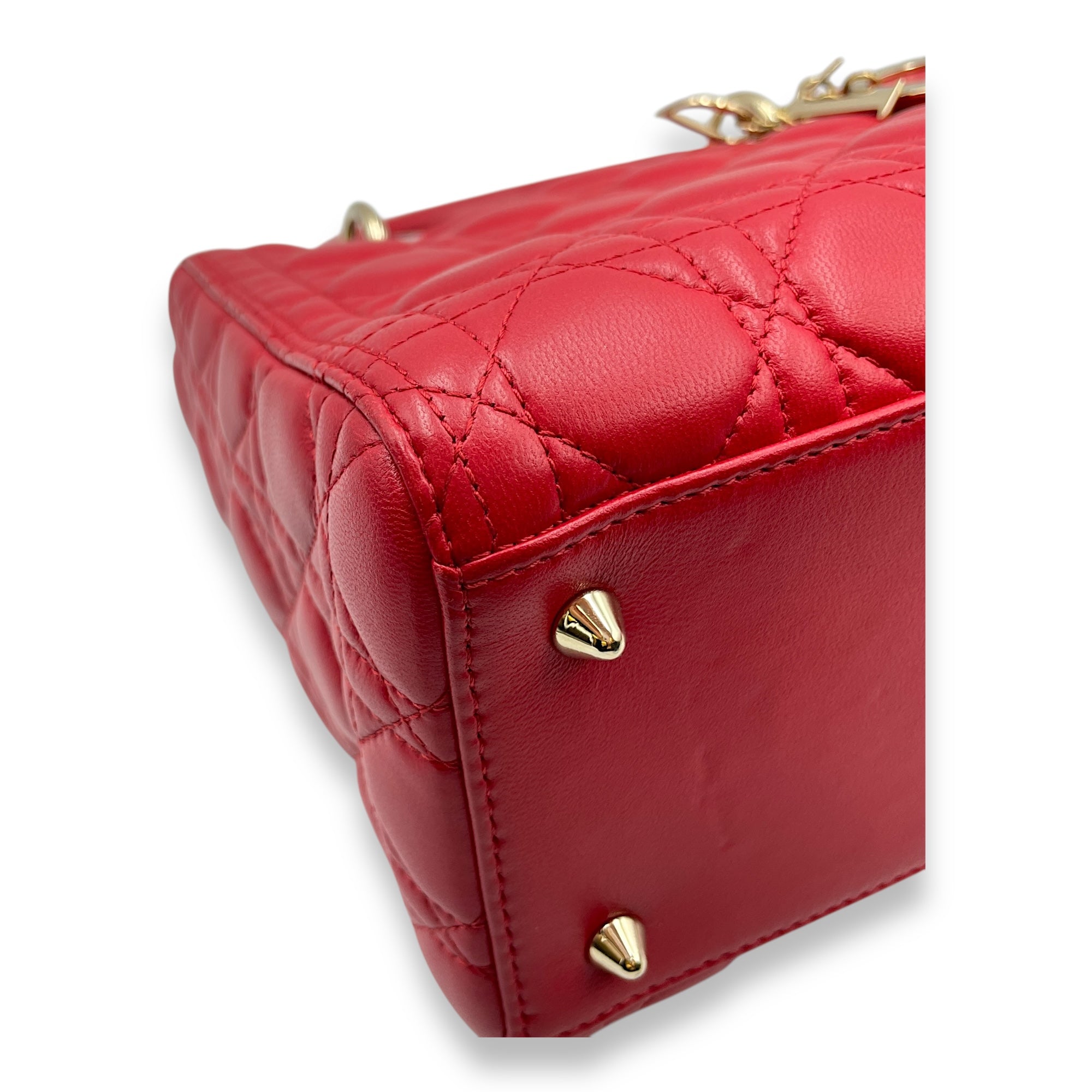 Lady Dior Medium Lambskin Red Top Handle Bag in Lambskin, Gold hardware