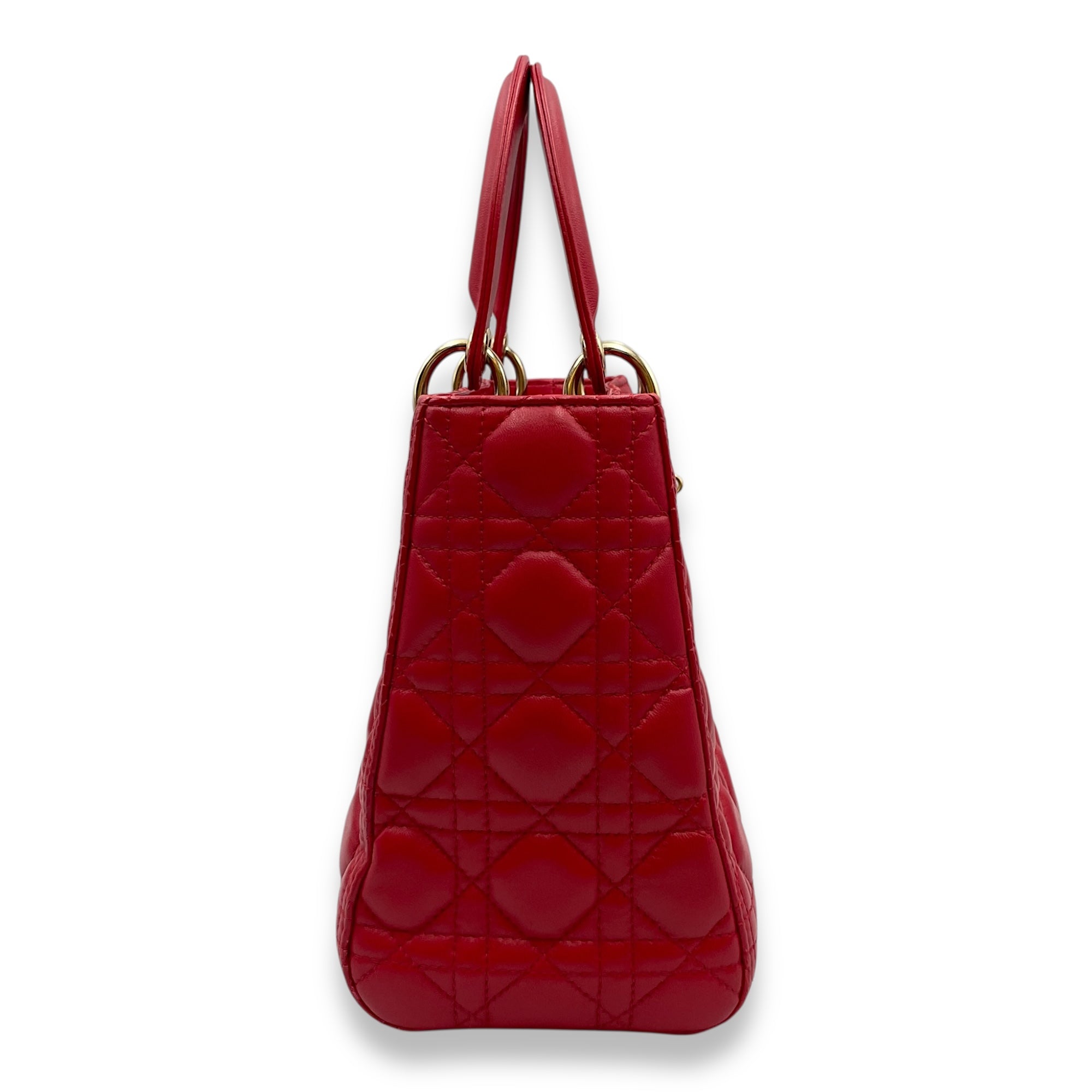 Lady Dior Medium Lambskin Red Top Handle Bag in Lambskin, Gold hardware