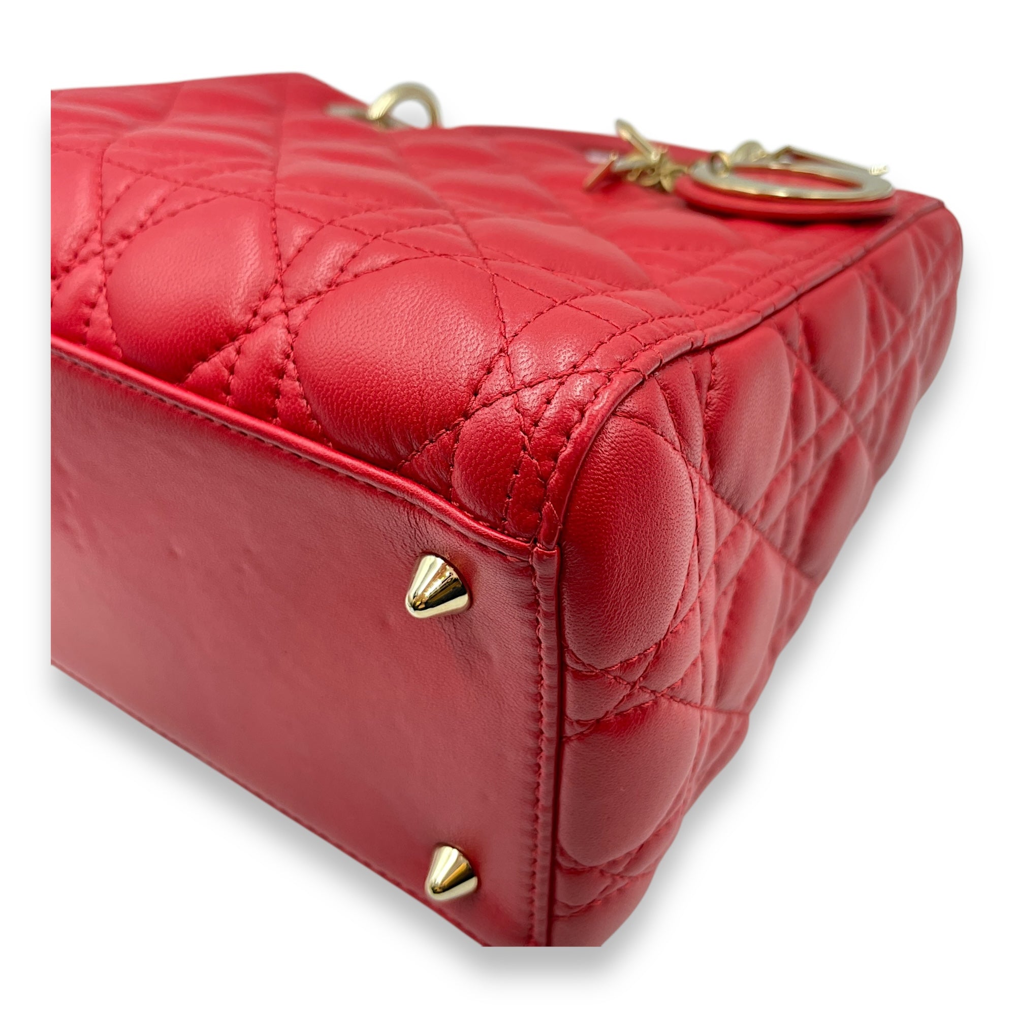 Lady Dior Medium Lambskin Red Top Handle Bag in Lambskin, Gold hardware