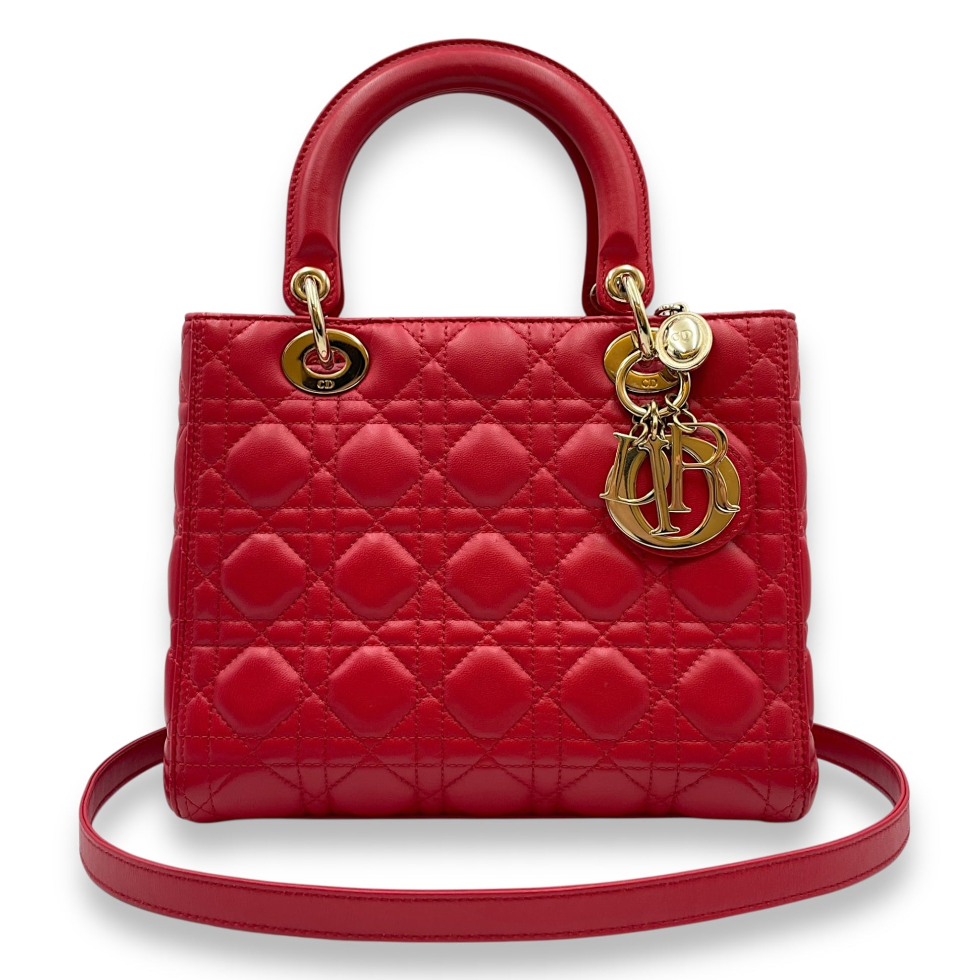 Lady Dior Medium Lambskin Red Top Handle Bag in Lambskin, Gold hardware