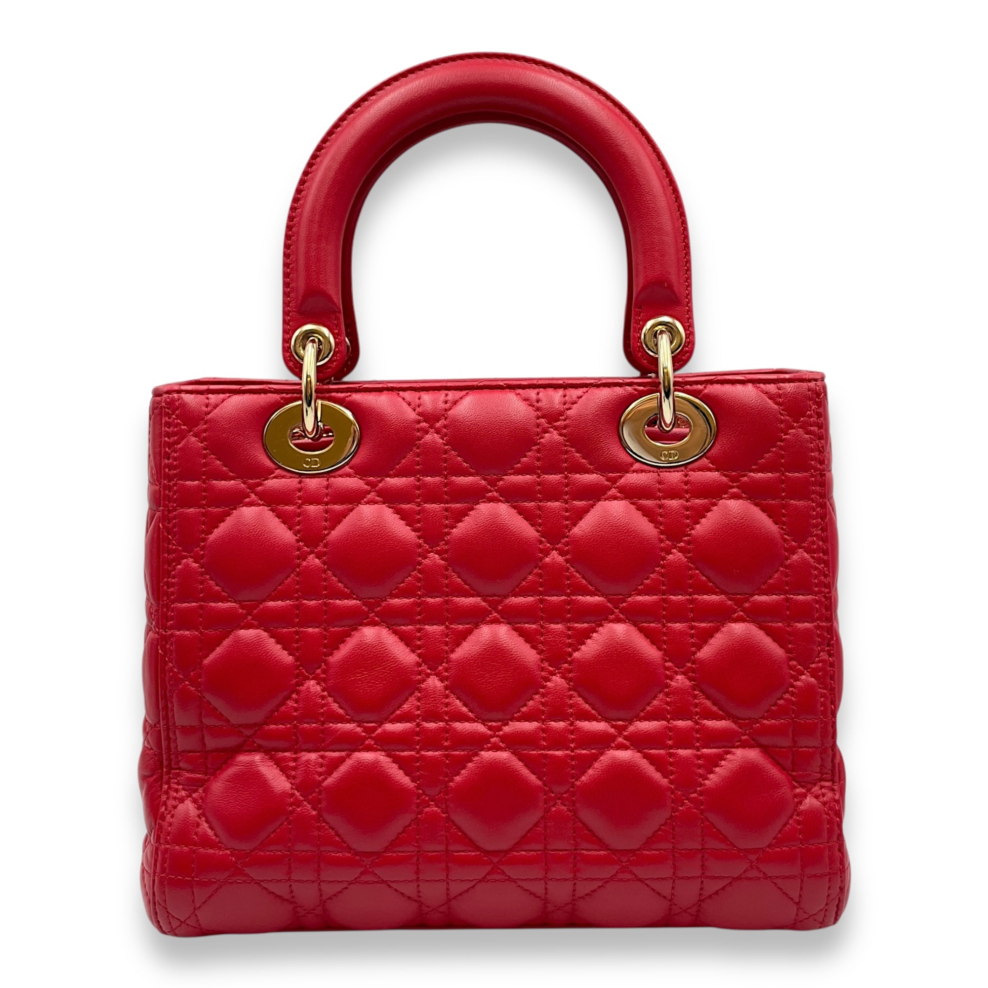Lady Dior Medium Lambskin Red Top Handle Bag in Lambskin, Gold hardware
