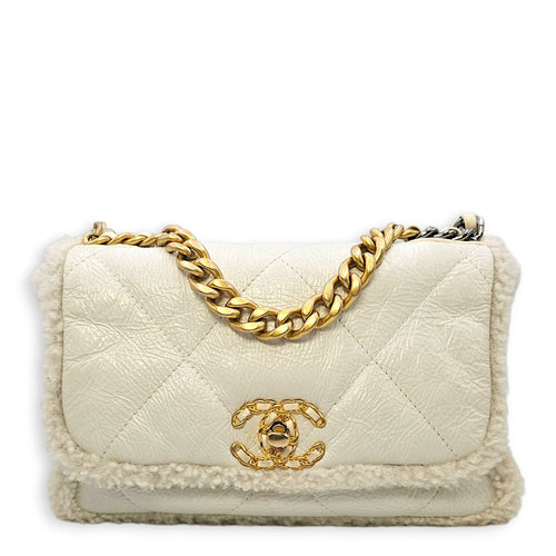 C19 Flap White Shoulder Bag in Shiny Calf & Shearling Gold & Silver hardware CL2508-15077 1