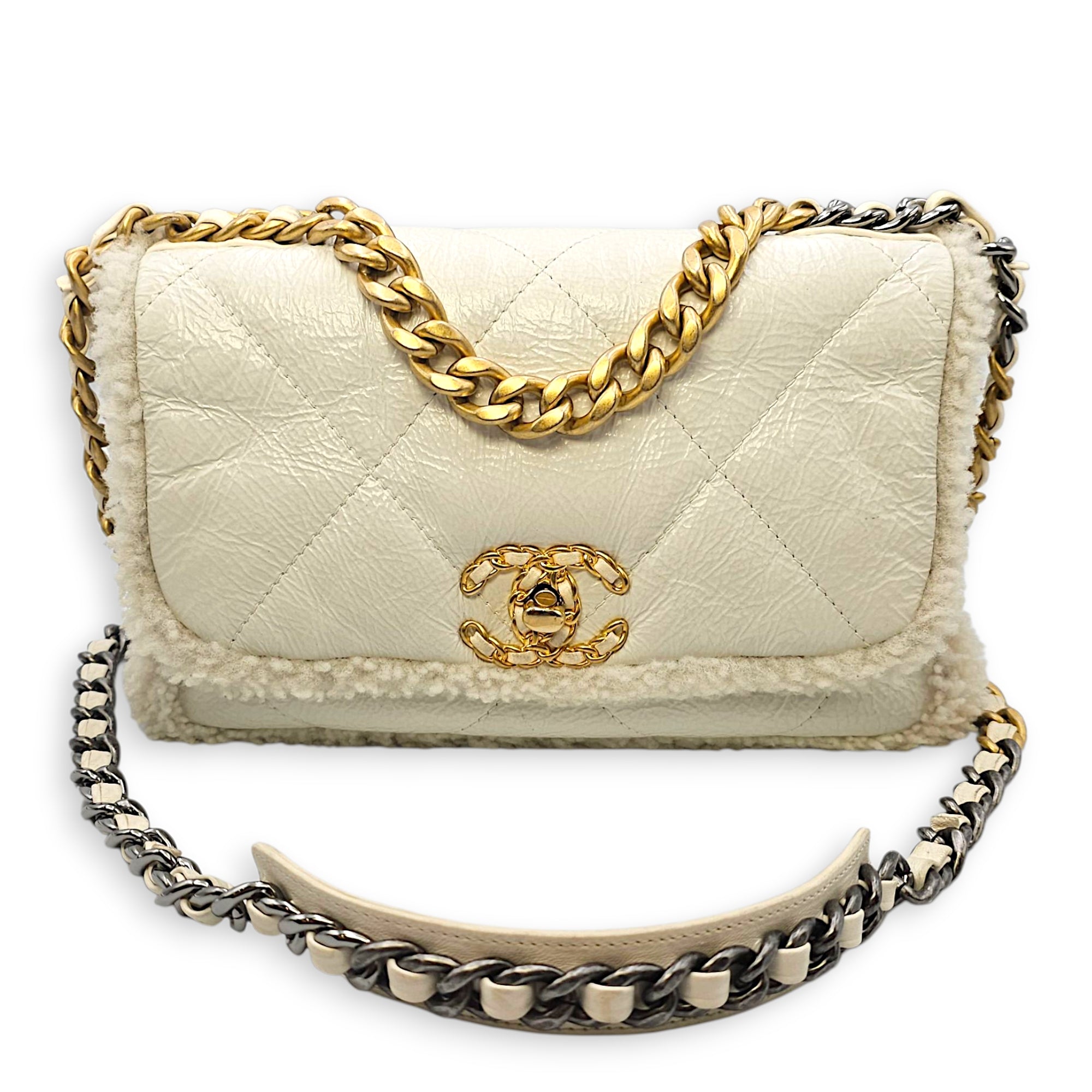 C19 Flap White Shoulder Bag in Shiny Calf & Shearling Gold & Silver hardware CL2508-15077 19