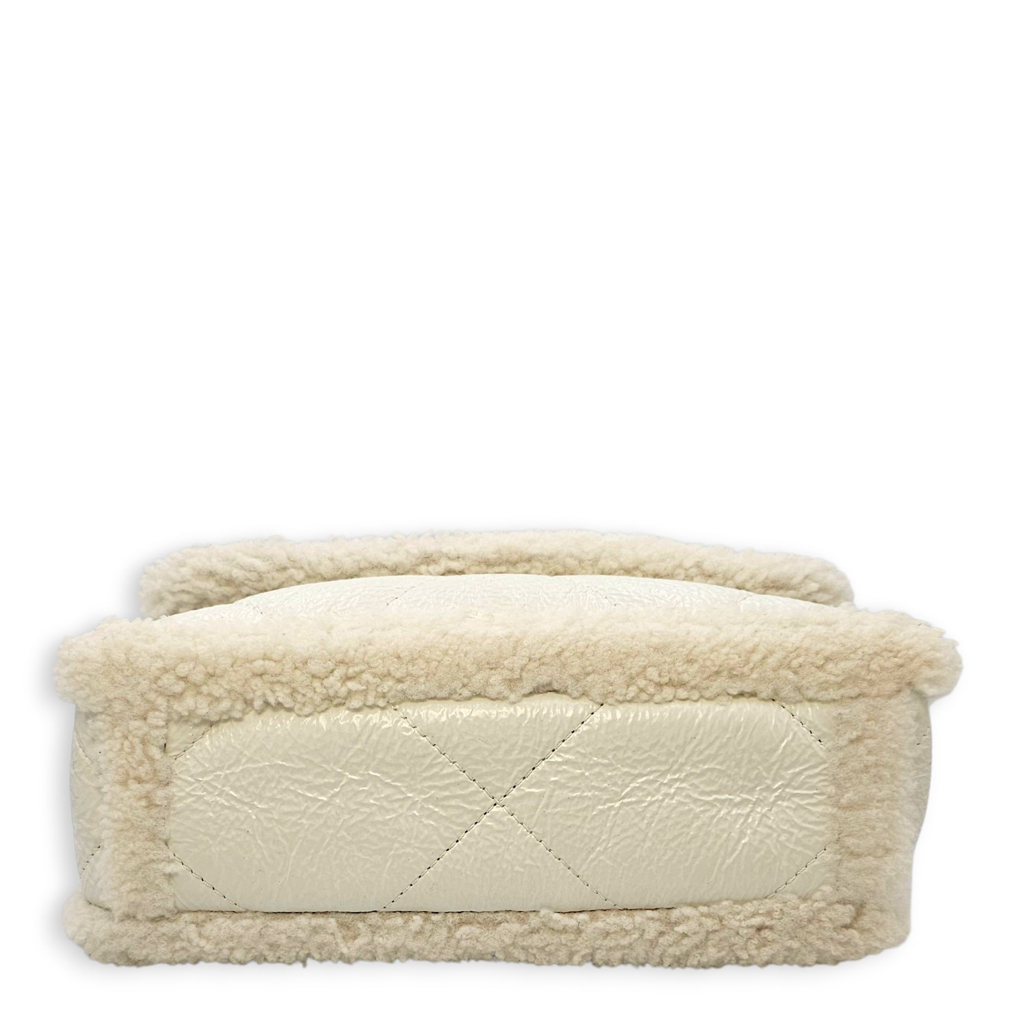 C19 Flap White Shoulder Bag in Shiny Calf & Shearling, Gold & Silver hardware