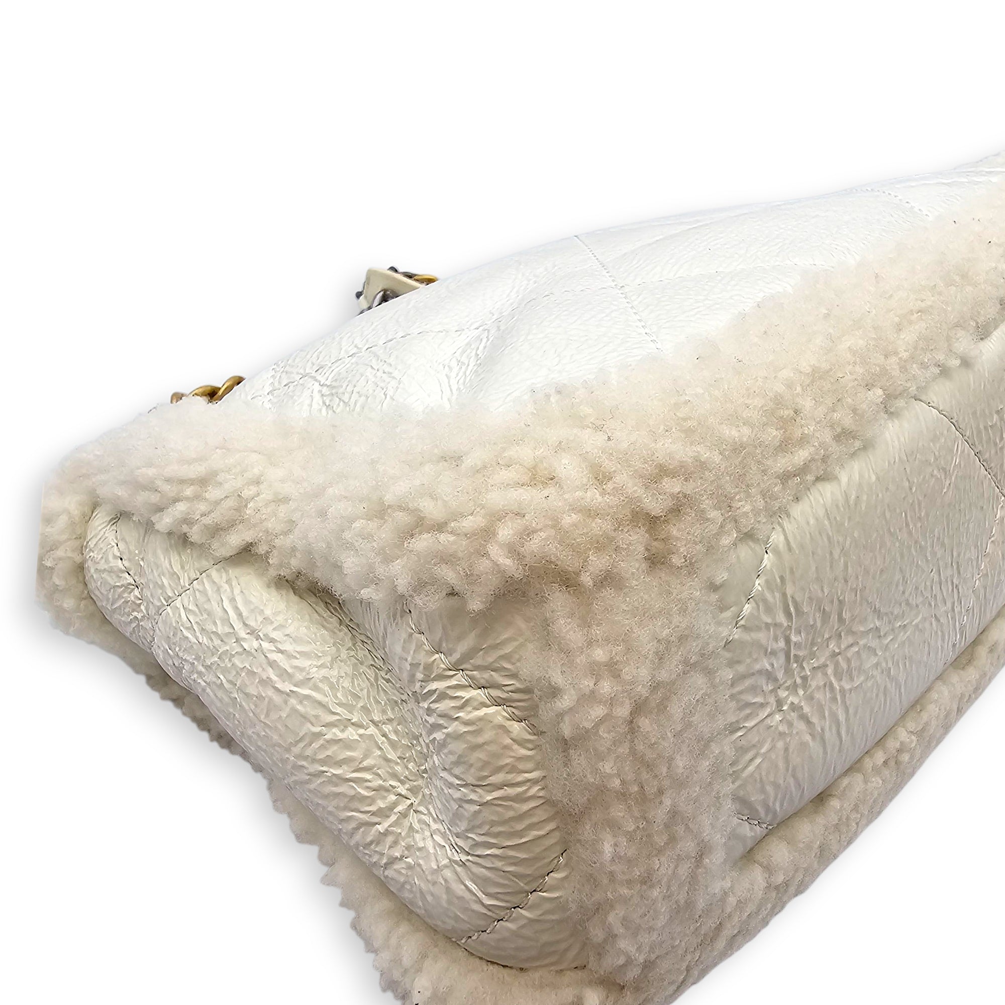 C19 Flap White Shoulder Bag in Shiny Calf & Shearling, Gold & Silver hardware