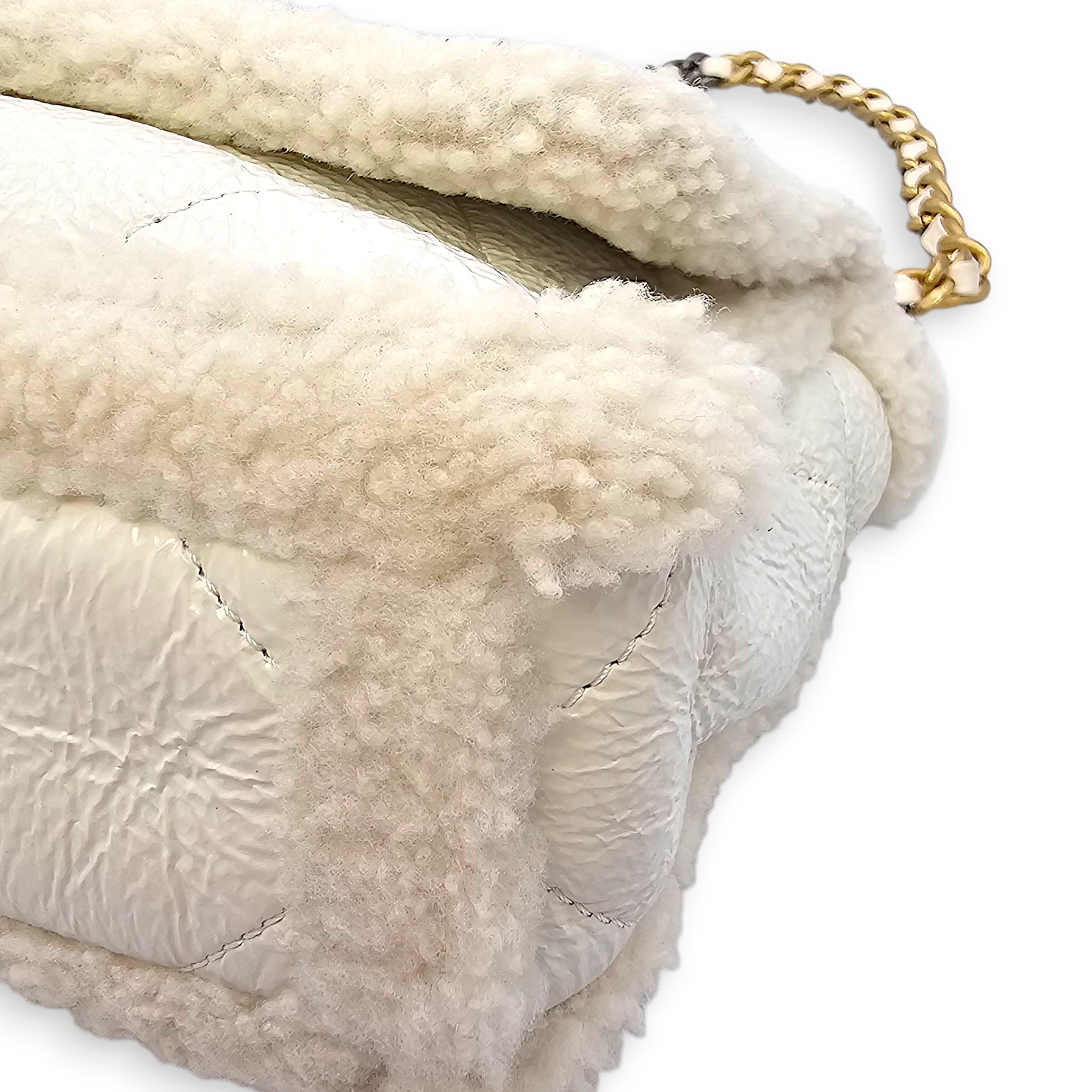 C19 Flap White Shoulder Bag in Shiny Calf & Shearling, Gold & Silver hardware