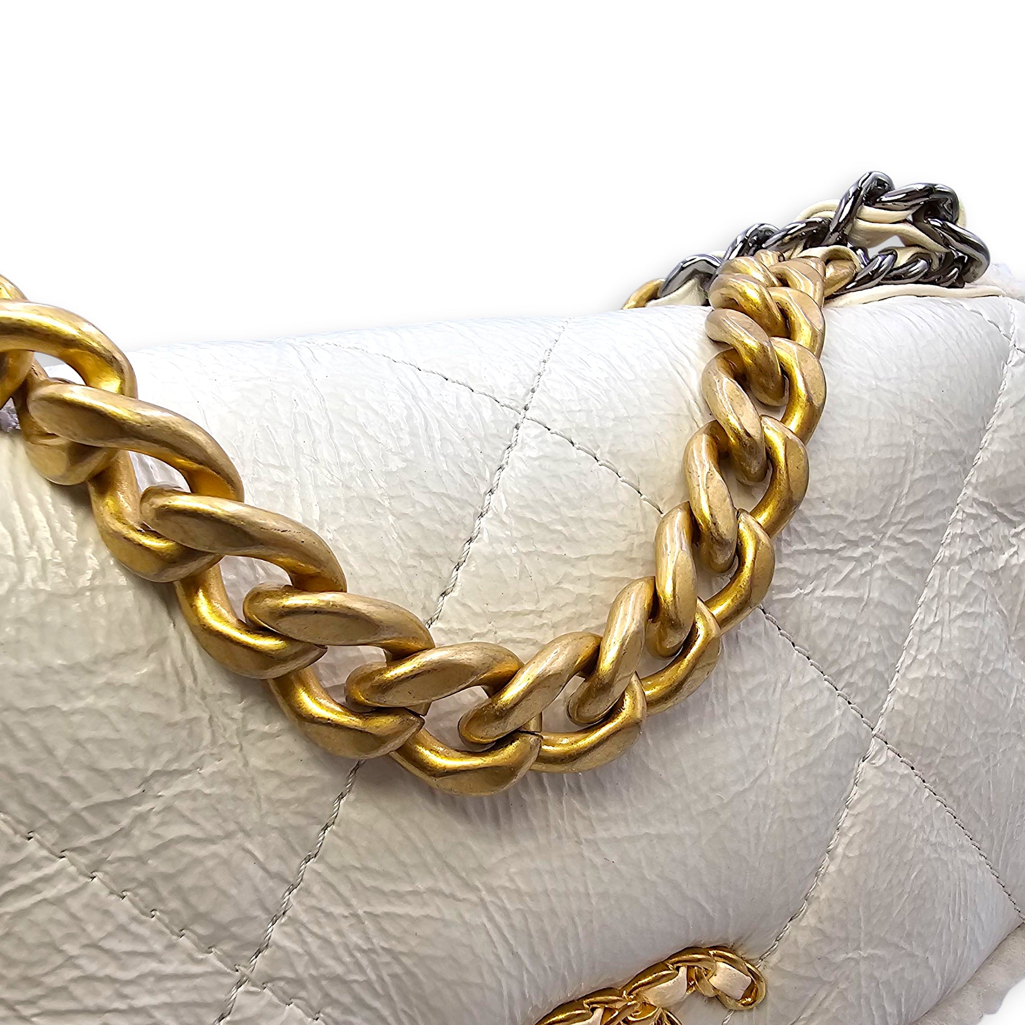 C19 Flap White Shoulder Bag in Shiny Calf & Shearling, Gold & Silver hardware
