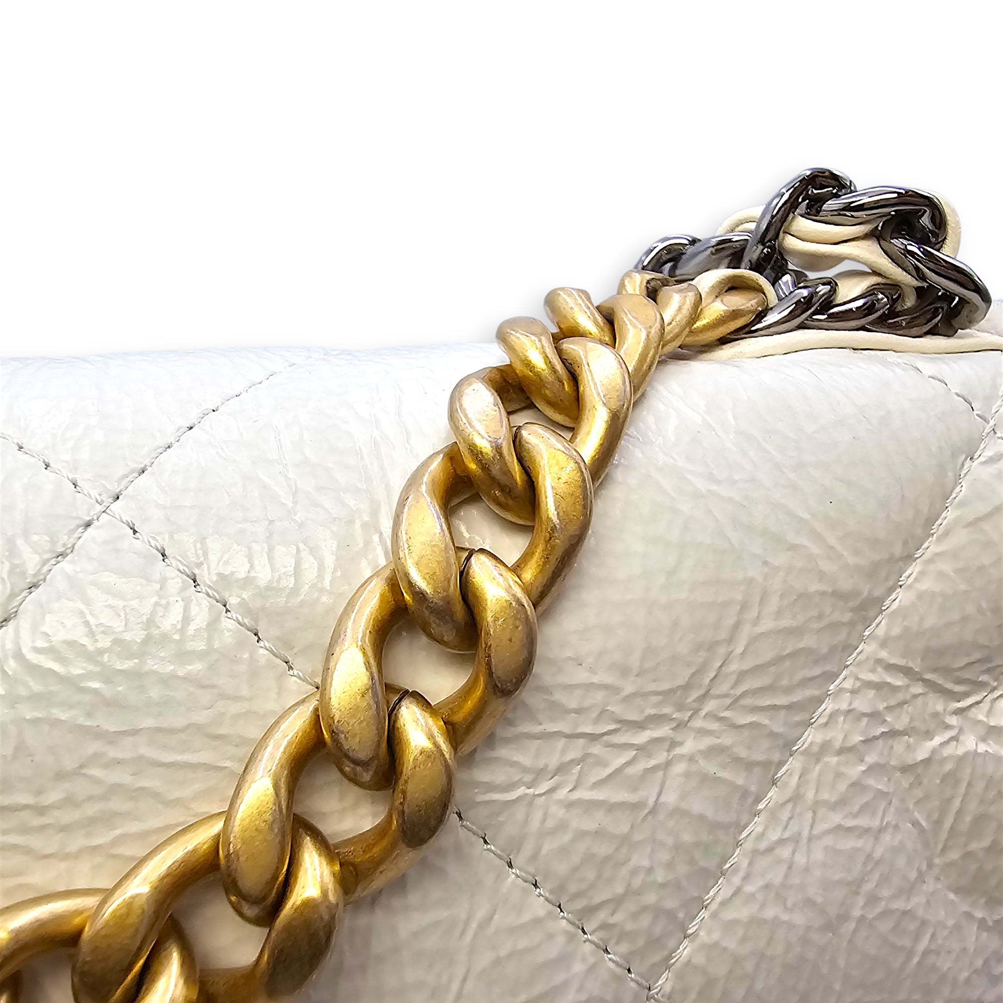 C19 Flap White Shoulder Bag in Shiny Calf & Shearling, Gold & Silver hardware