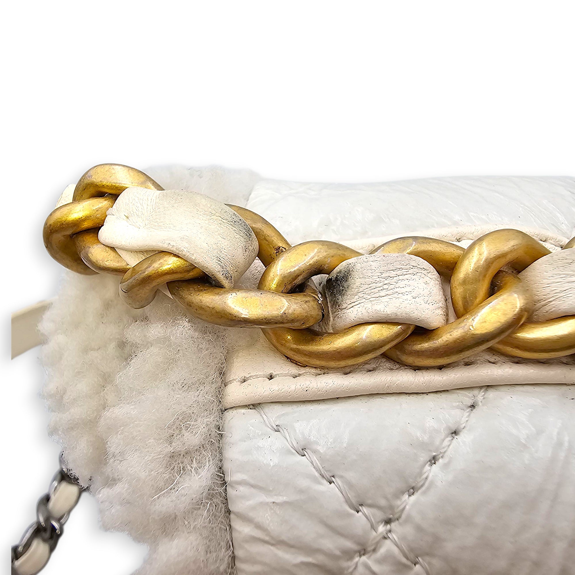 C19 Flap White Shoulder Bag in Shiny Calf & Shearling, Gold & Silver hardware