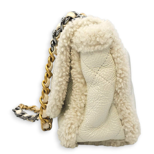 C19 Flap White Shoulder Bag in Shiny Calf & Shearling Gold & Silver hardware CL2508-15077 12