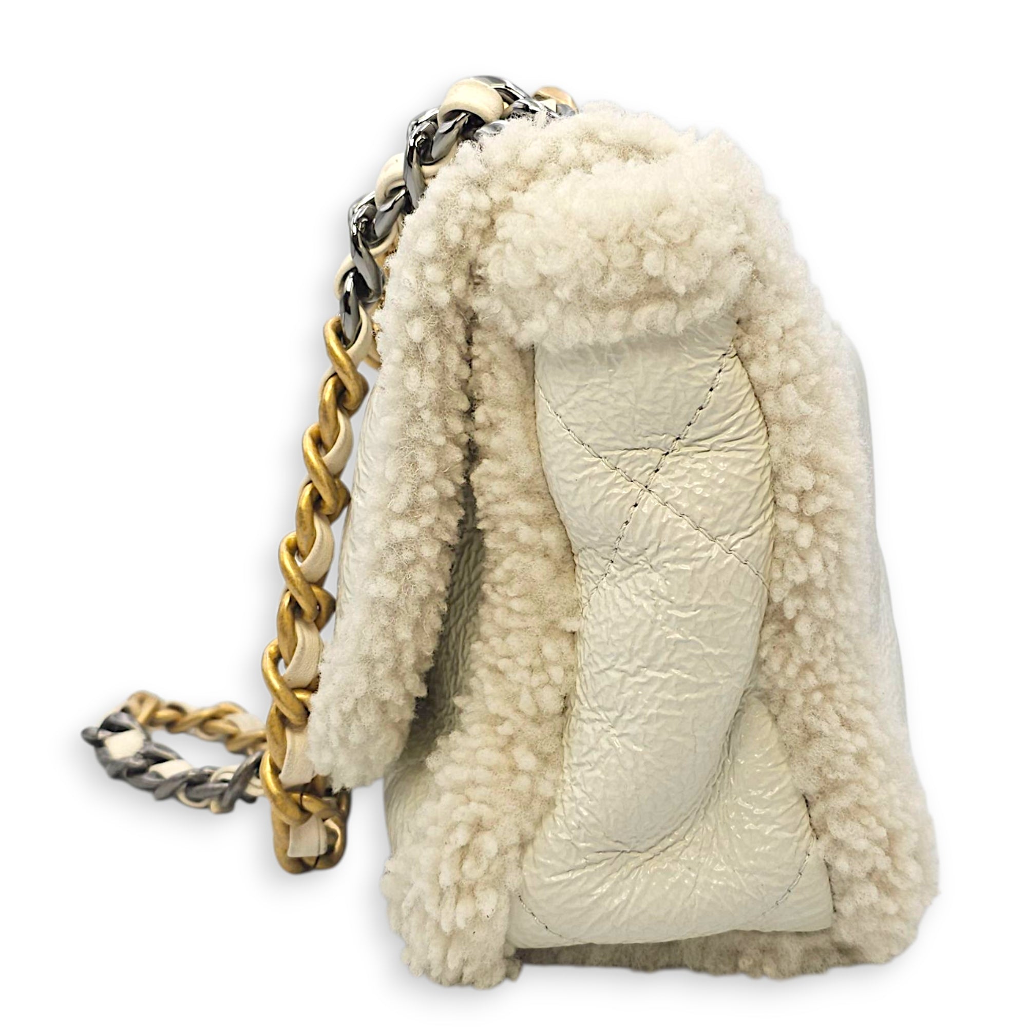 C19 Flap White Shoulder Bag in Shiny Calf & Shearling, Gold & Silver hardware
