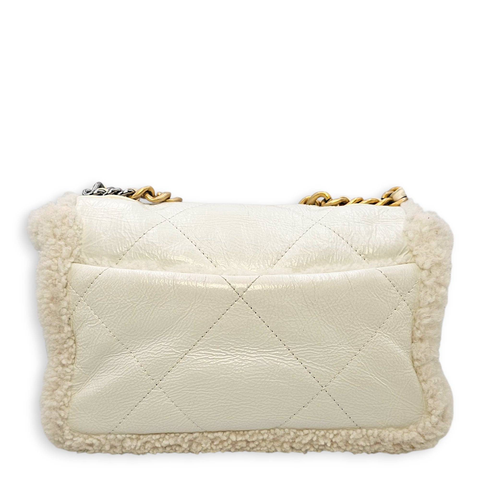 C19 Flap White Shoulder Bag in Shiny Calf & Shearling, Gold & Silver hardware
