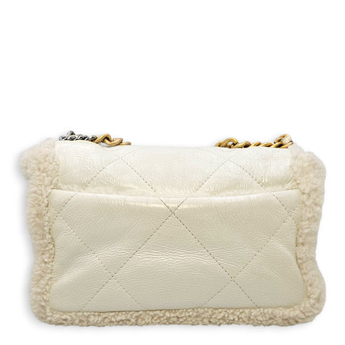 C19 Flap White Shoulder Bag in Shiny Calf & Shearling, Gold & Silver hardware