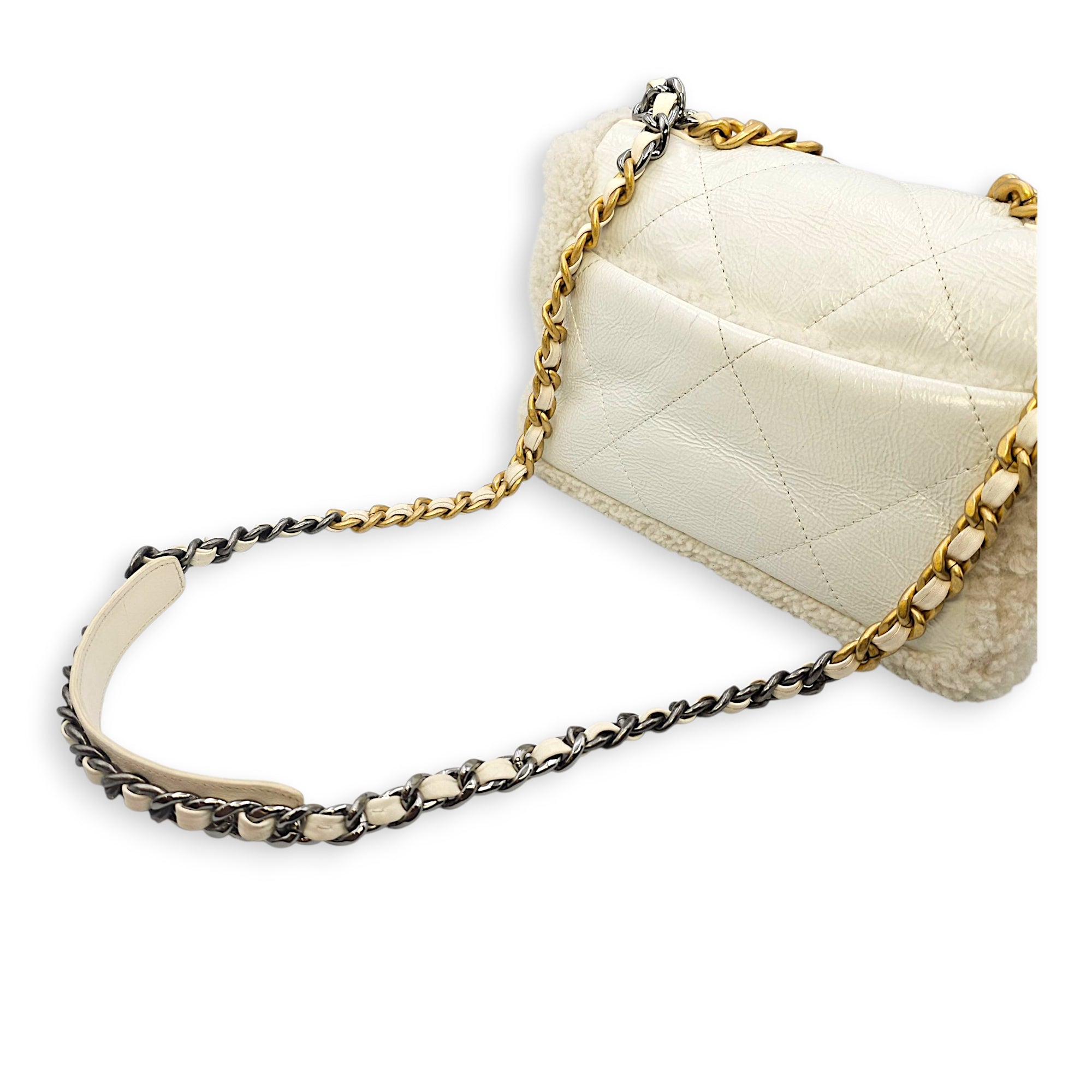 C19 Flap White Shoulder Bag in Shiny Calf & Shearling, Gold & Silver hardware