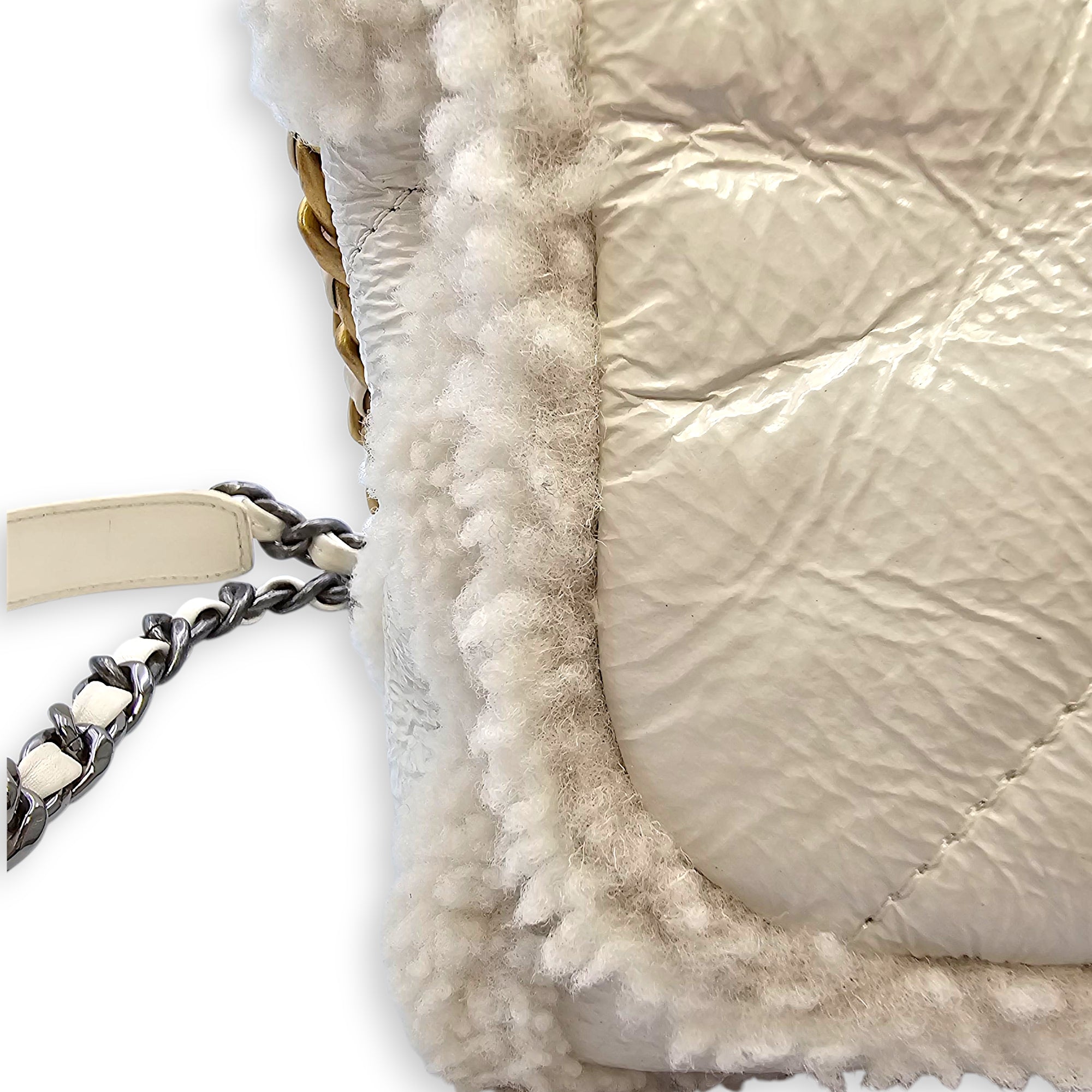 C19 Flap White Shoulder Bag in Shiny Calf & Shearling, Gold & Silver hardware