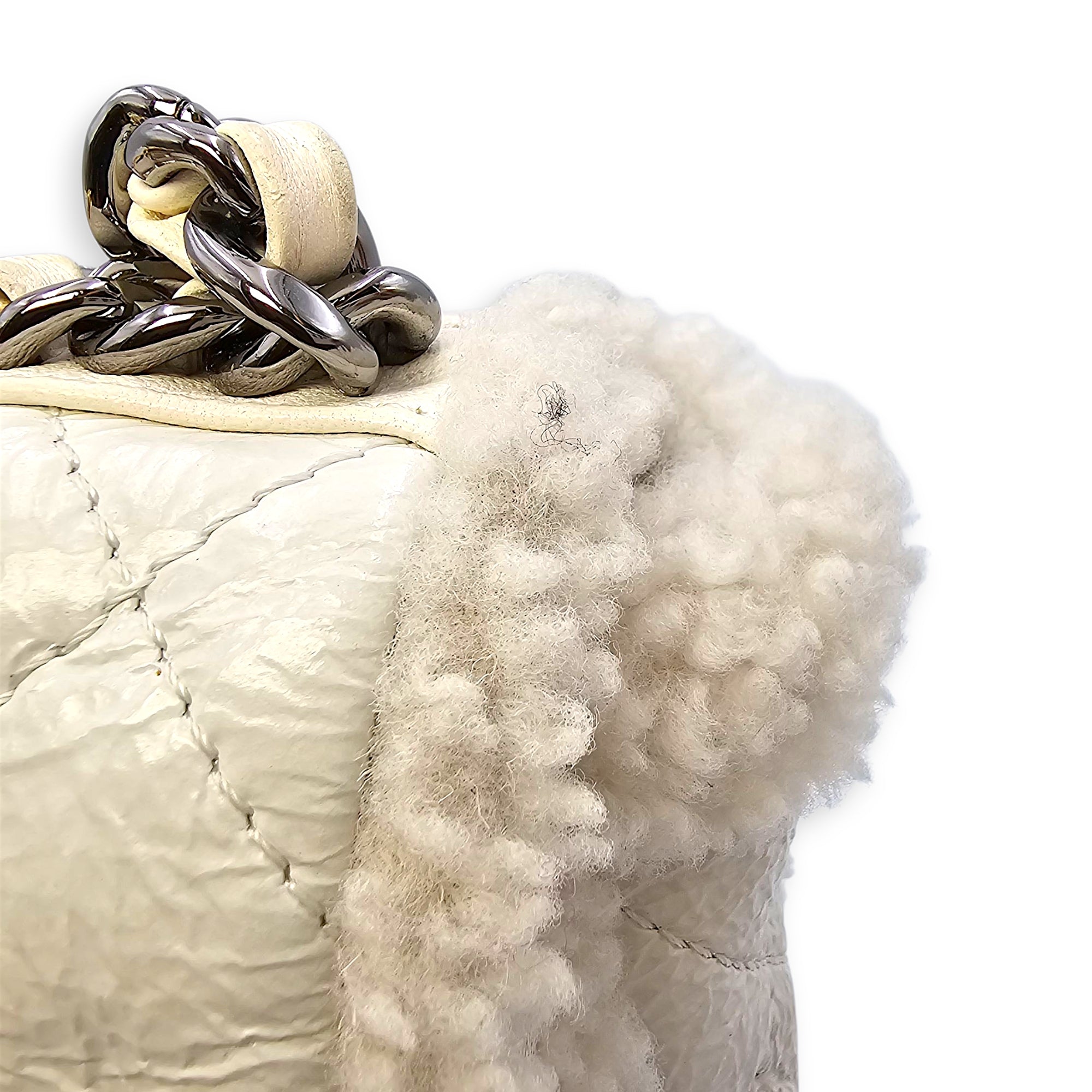 C19 Flap White Shoulder Bag in Shiny Calf & Shearling, Gold & Silver hardware