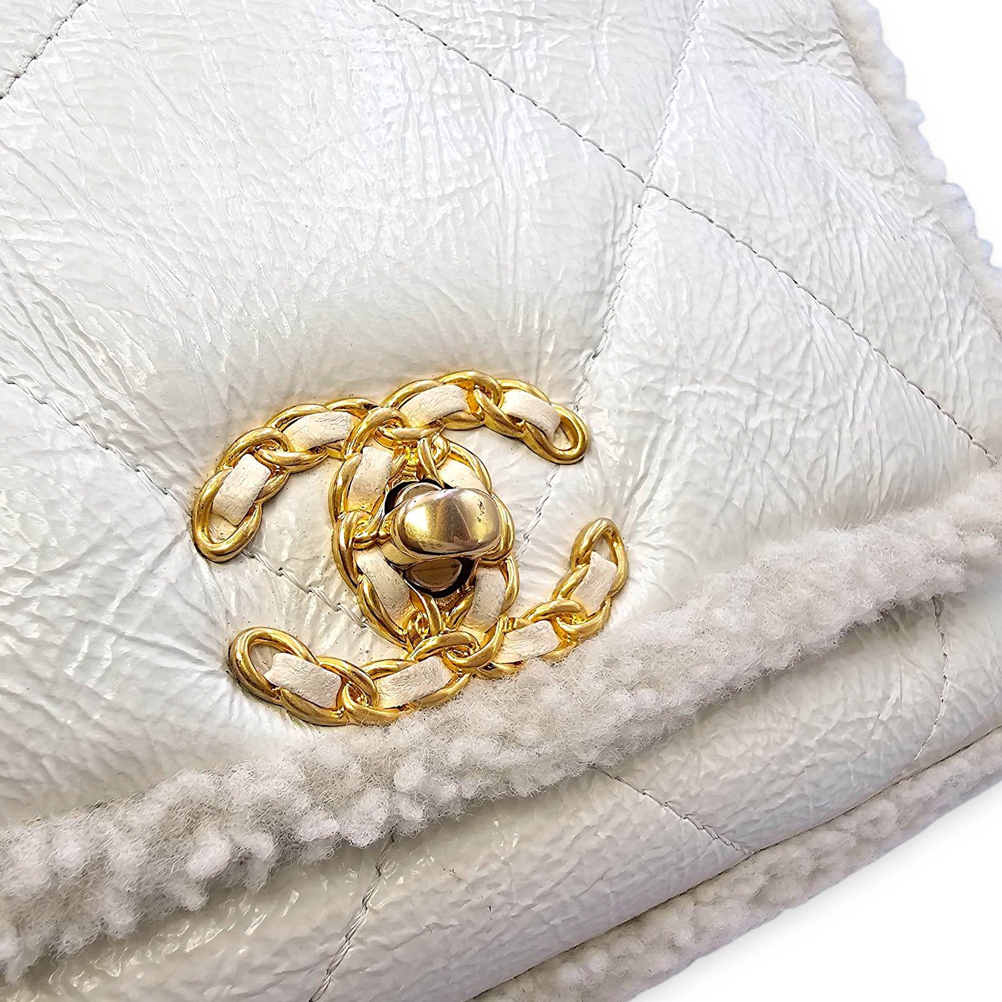 C19 Flap White Shoulder Bag in Shiny Calf & Shearling, Gold & Silver hardware