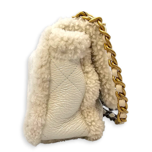 C19 Flap White Shoulder Bag in Shiny Calf & Shearling, Gold & Silver hardware