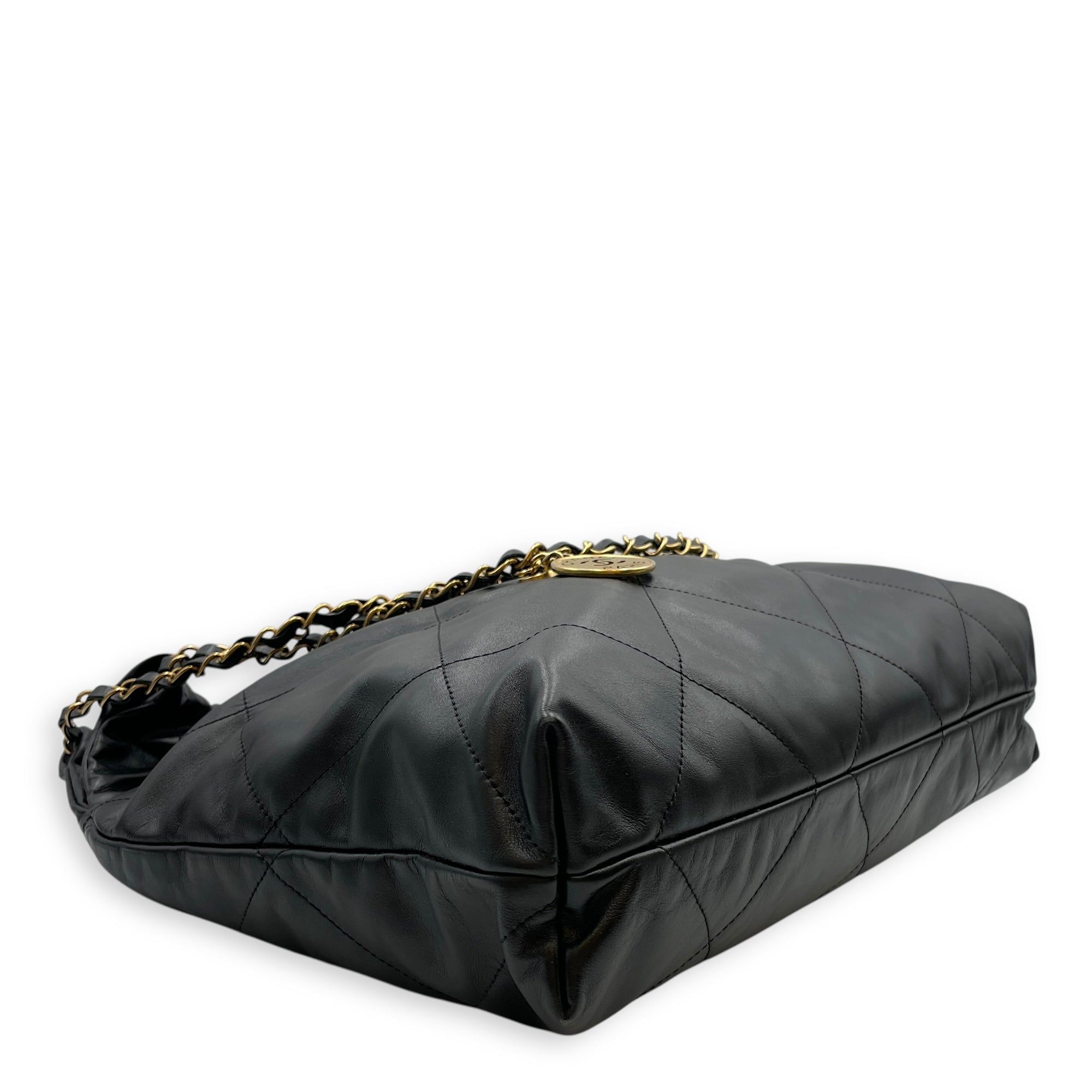 C22 Medium Black Shoulder Bag in Calfskin, Gold hardware