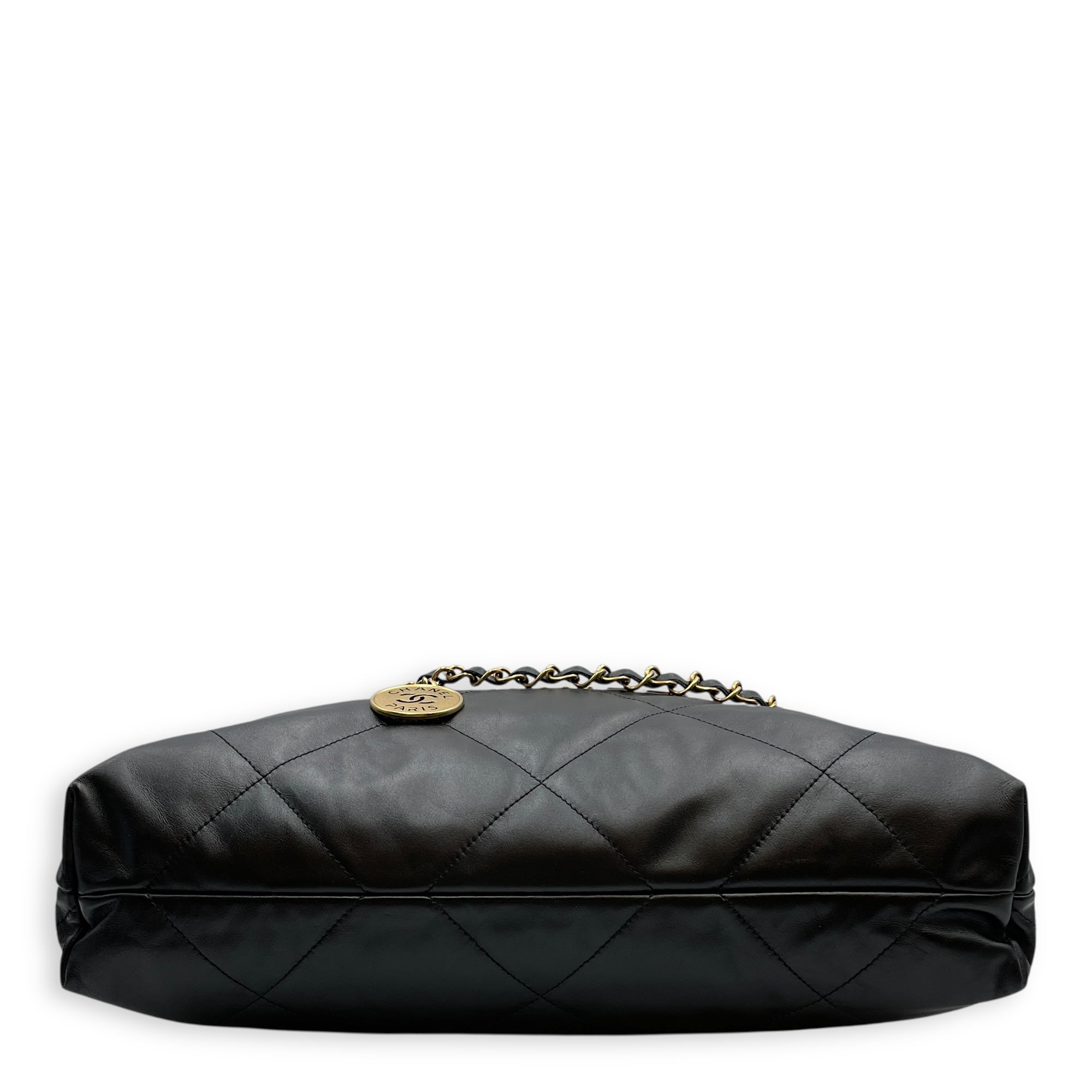 C22 Medium Black Shoulder Bag in Calfskin, Gold hardware