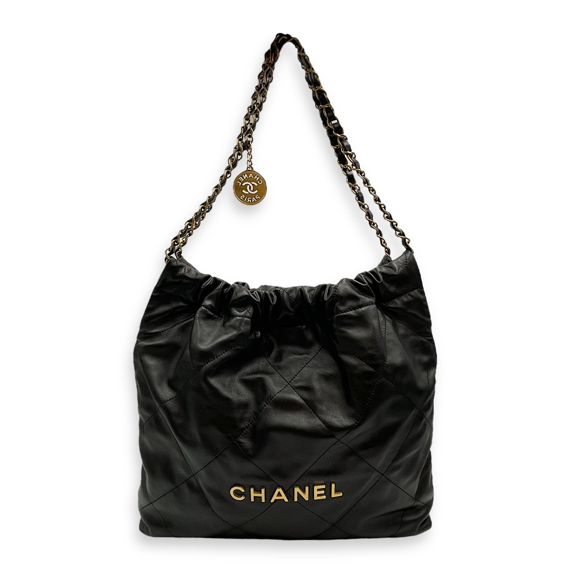 C22 Medium Black Shoulder Bag in Calfskin, Gold hardware