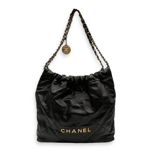 C22 Medium Black Shoulder Bag in Calfskin, Gold hardware