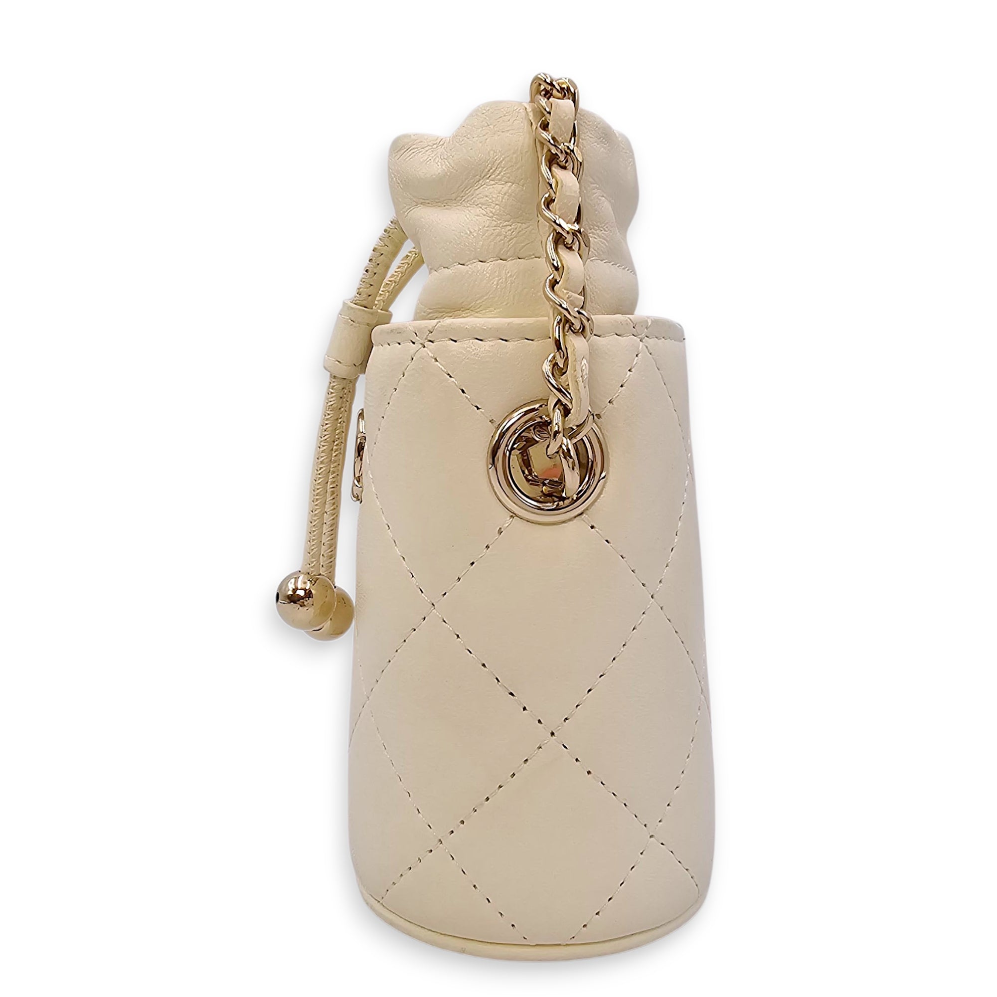 Quilted Bucket Mini White Crossbody Bag in Lambskin, Gold hardware