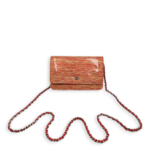 Limited Edition CC Orange Wallet on Chain in Patent Leather, Silver hardware
