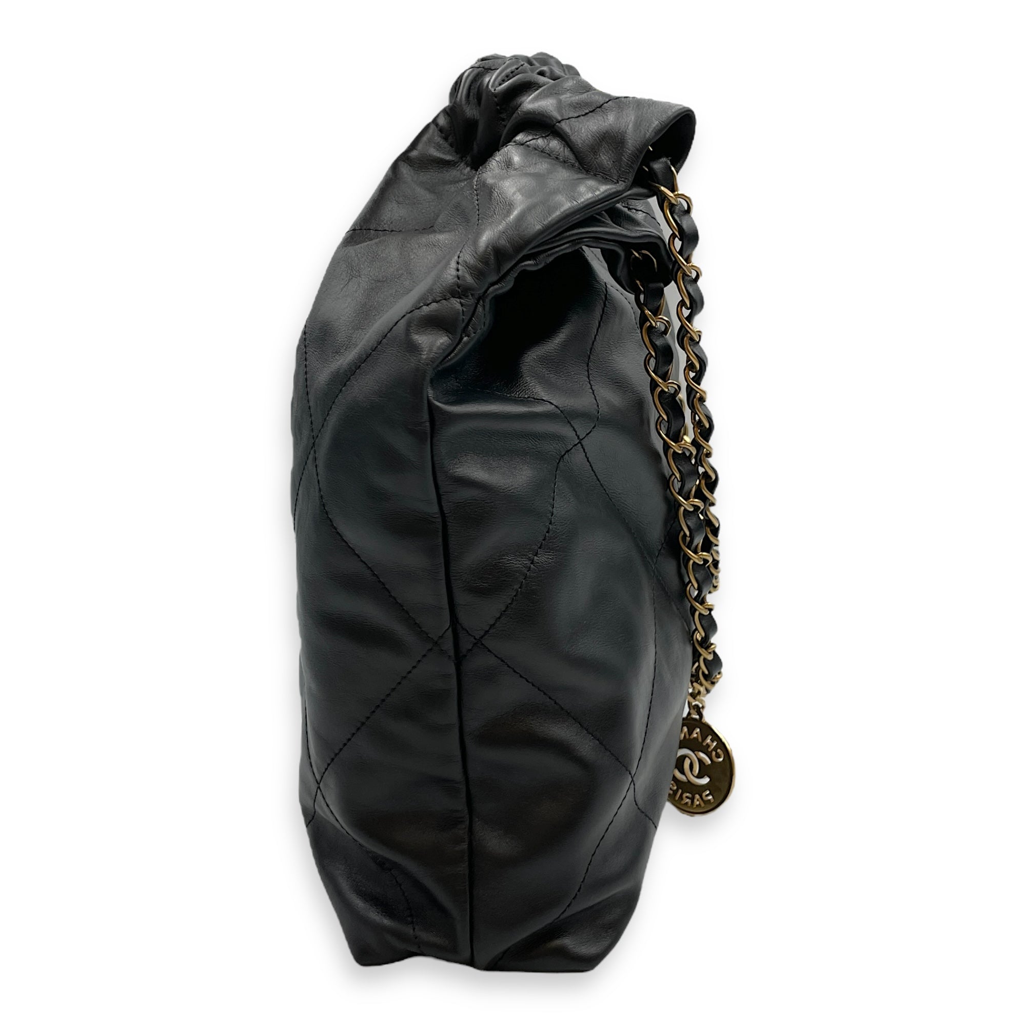 C22 Medium Black Shoulder Bag in Calfskin, Gold hardware