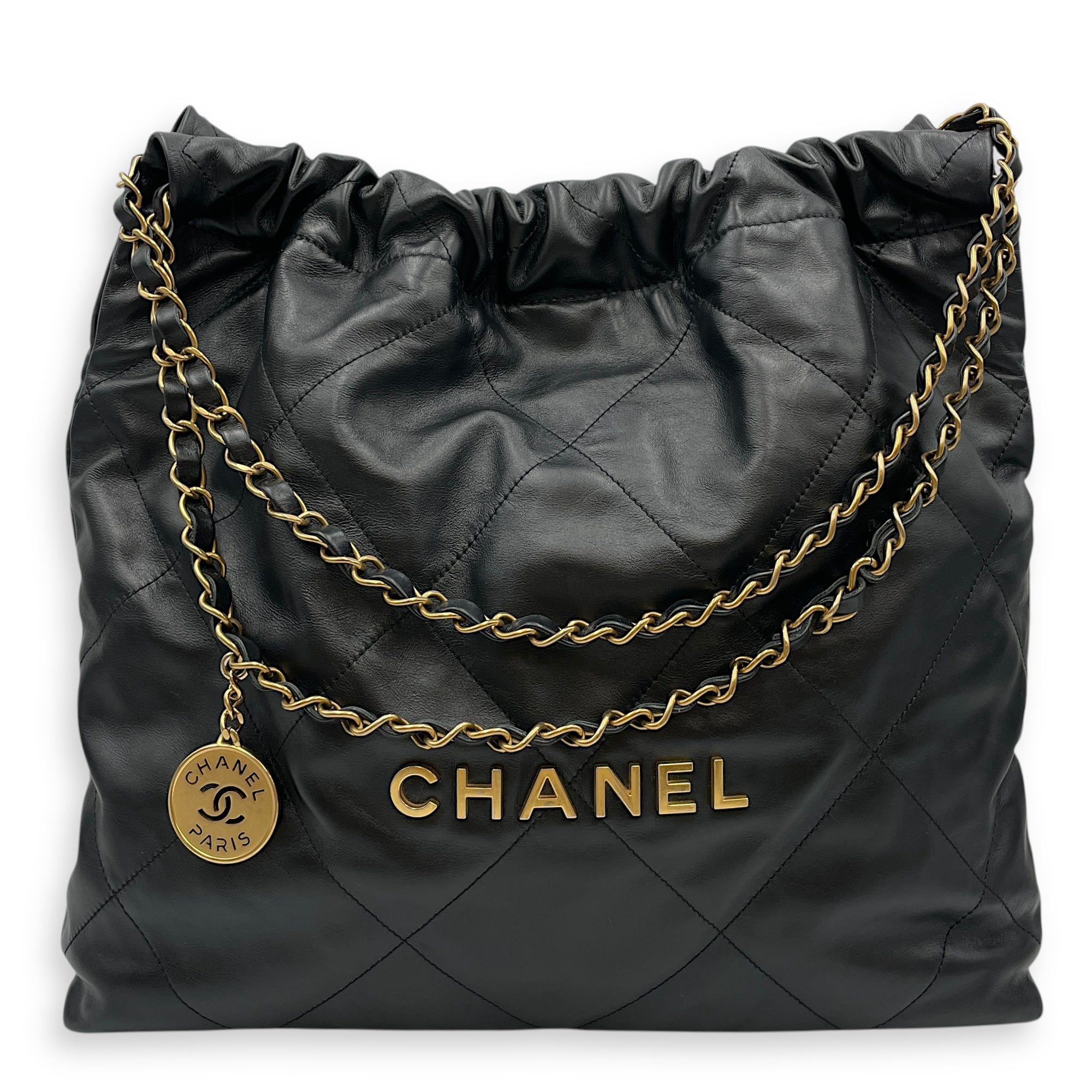 C22 Medium Black Shoulder Bag in Calfskin, Gold hardware