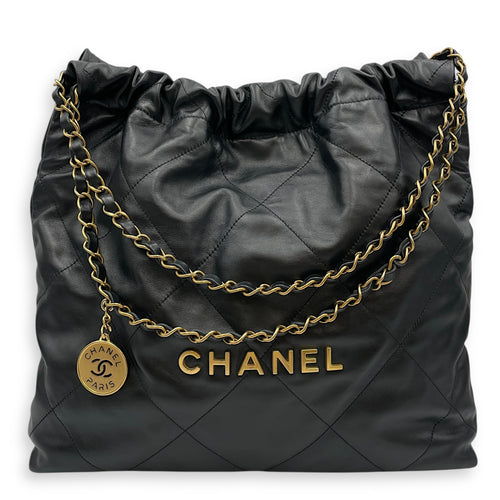 C22 Medium Black Shoulder Bag in Calfskin, Gold hardware