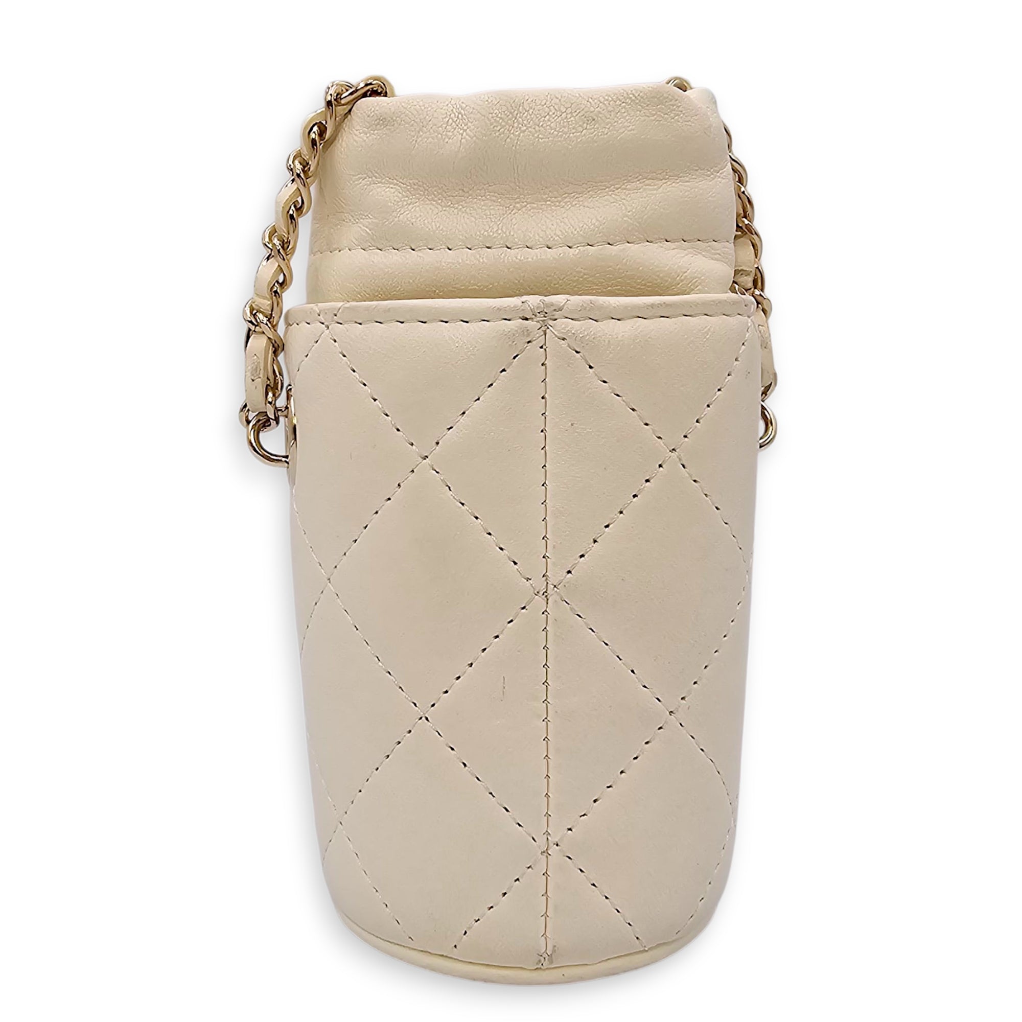 Quilted Bucket Mini White Crossbody Bag in Lambskin, Gold hardware