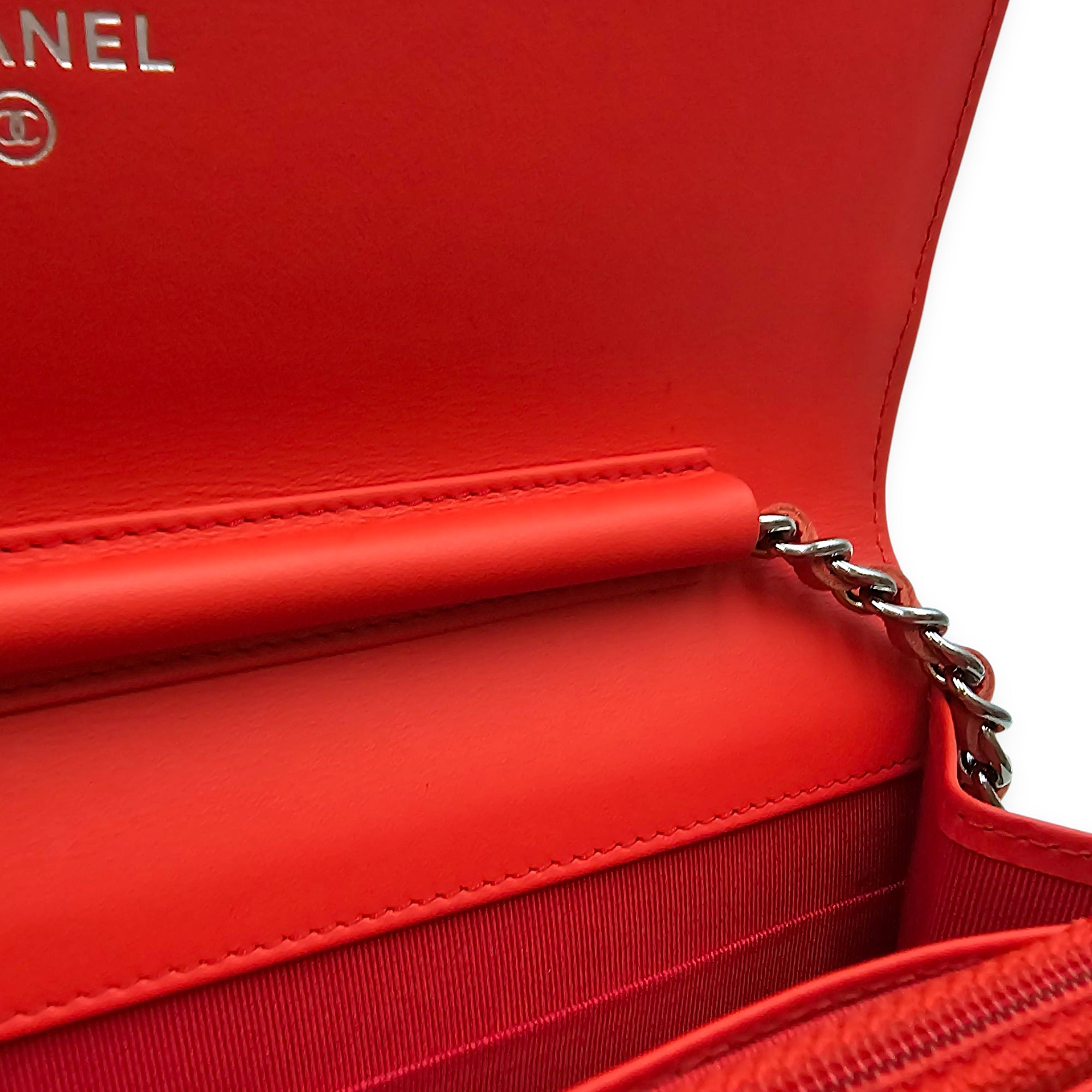 Limited Edition CC Orange Wallet on Chain in Patent Leather, Silver hardware