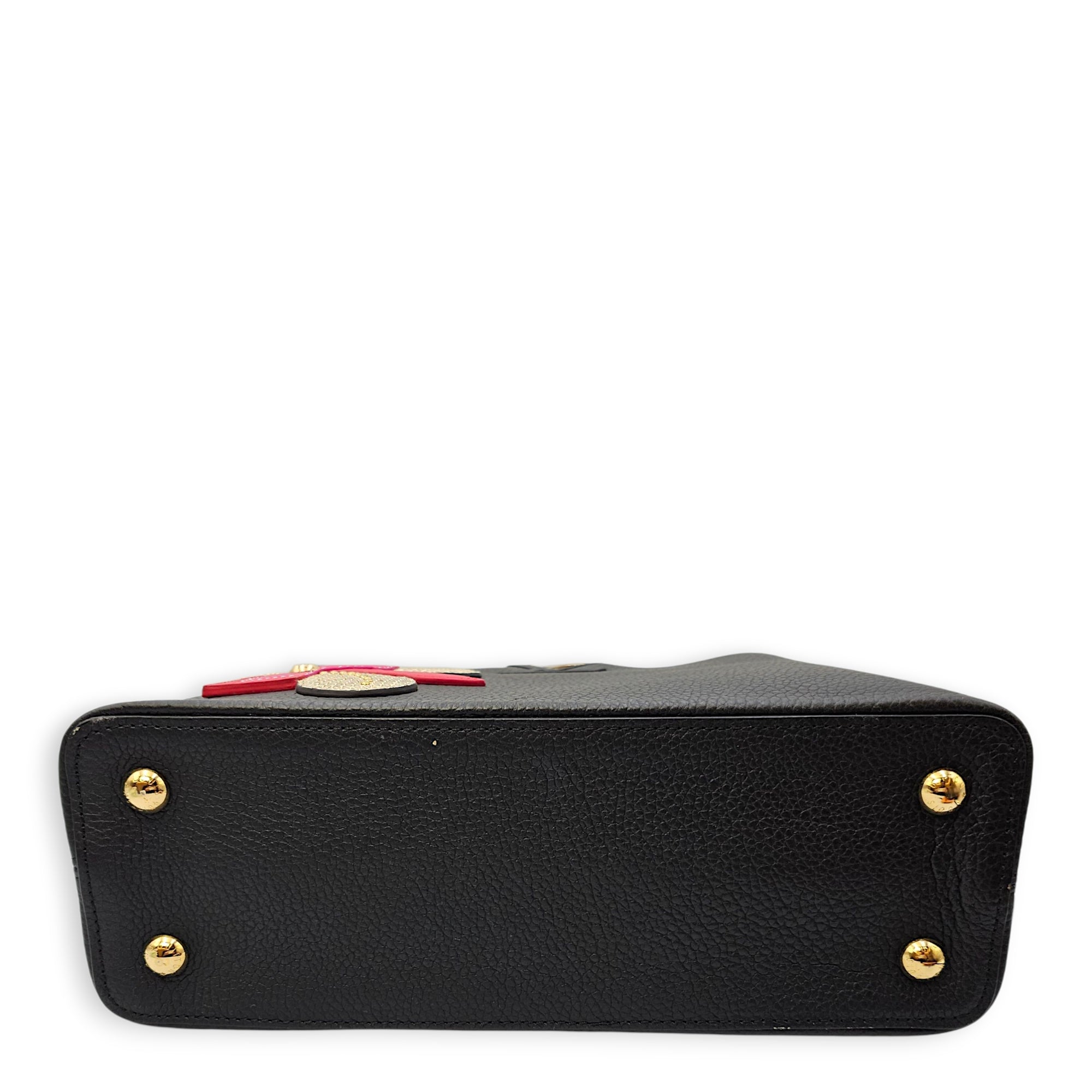Capucines Iris Blossom PM Black Top Handle Bag in Calfskin, Gold hardware