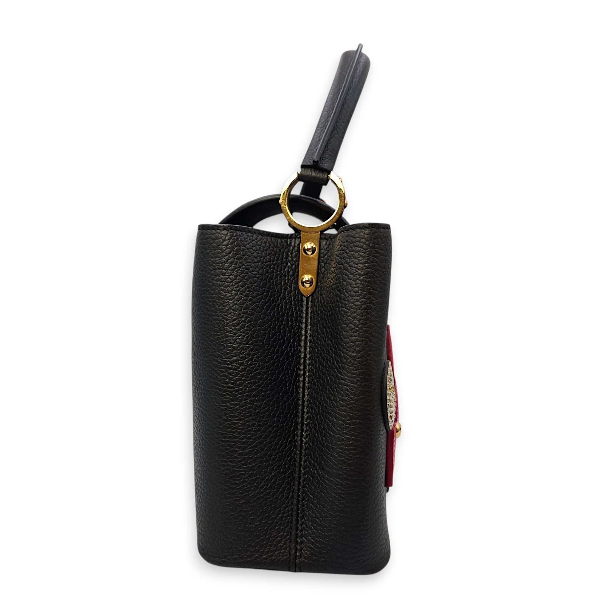 Capucines Iris Blossom PM Black Top Handle Bag in Calfskin, Gold hardware