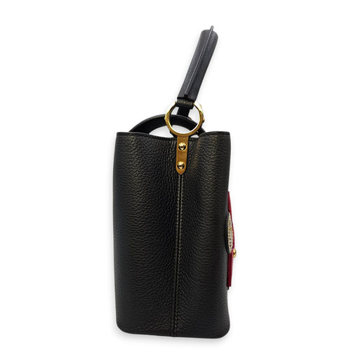 Capucines Iris Blossom PM Black Top Handle Bag in Calfskin, Gold hardware