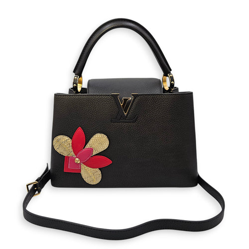 Capucines Iris Blossom PM Black Top Handle Bag in Calfskin, Gold hardware