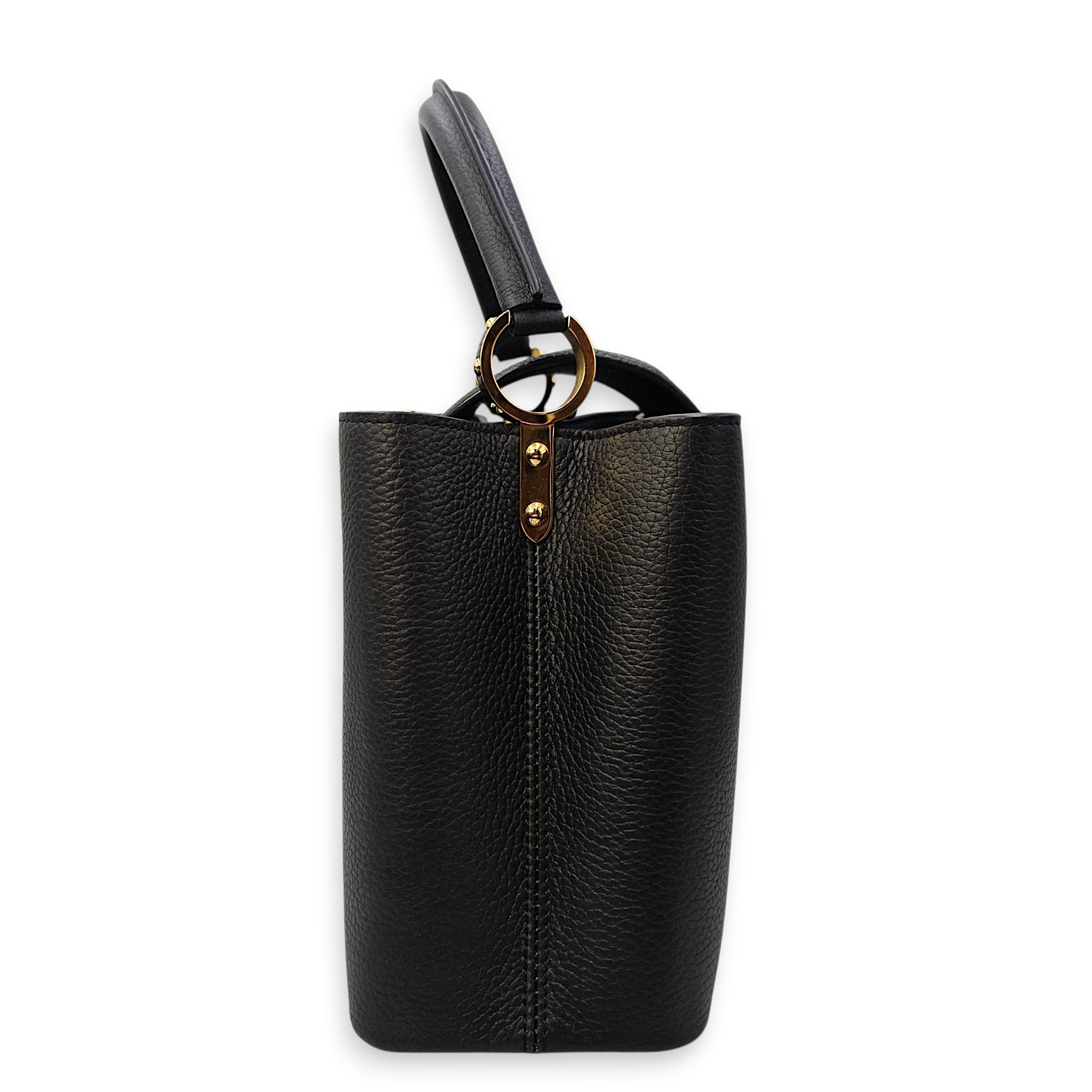 Capucines Iris Blossom PM Black Top Handle Bag in Calfskin, Gold hardware