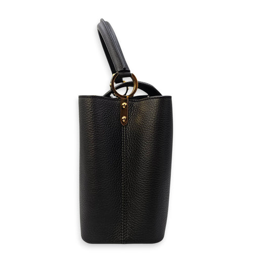 Capucines Iris Blossom PM Black Top Handle Bag in Calfskin, Gold hardware