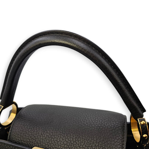 Capucines Iris Blossom PM Black Top Handle Bag in Calfskin, Gold hardware