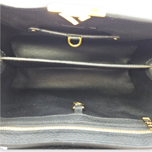 Capucines Iris Blossom PM Black Top Handle Bag in Calfskin, Gold hardware