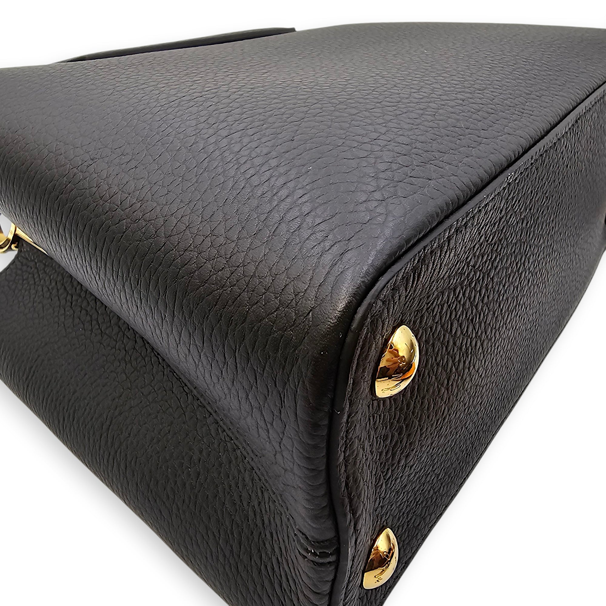 Capucines Iris Blossom PM Black Top Handle Bag in Calfskin, Gold hardware